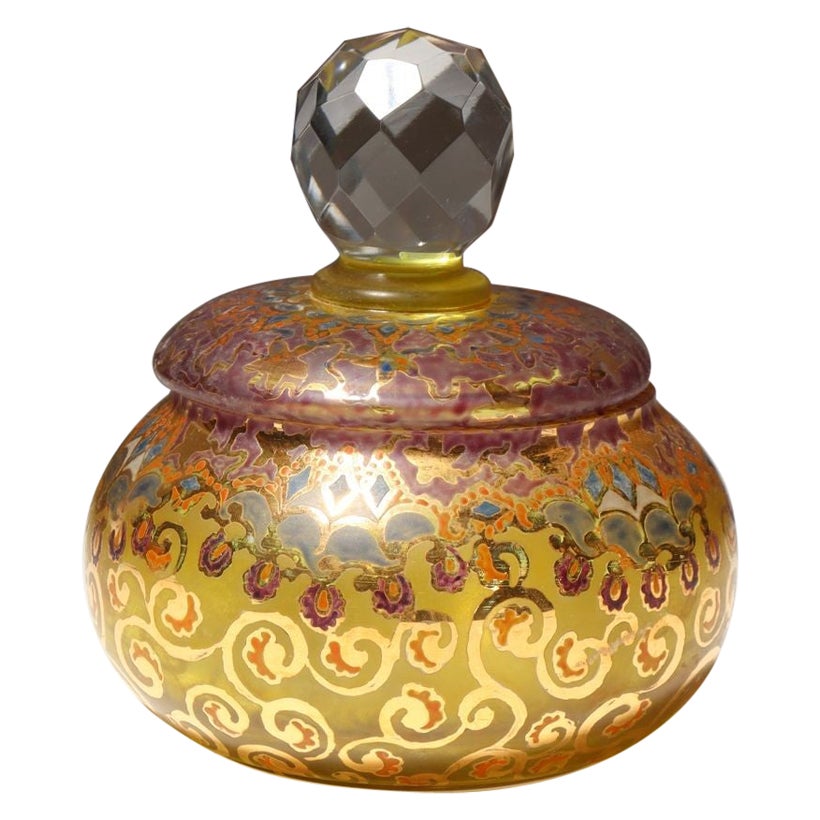 Vintage Bohemian Czechoslovakian Glass Powder or Trinket Jar with Crystal Finial