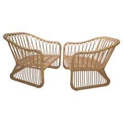 Vintage Bohemian Entirely Handwoven Sculptural Cane & Rattan Lounge Chairs, Pair