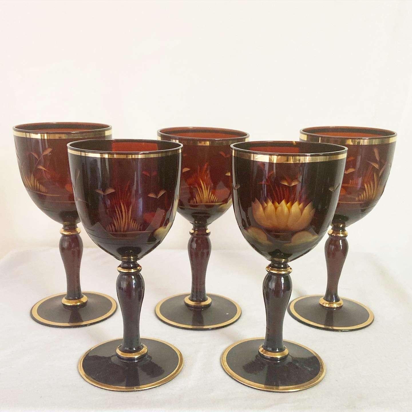 20th Century Vintage Bohemian Etched Amber Glass Decanter With Glasses For Sale
