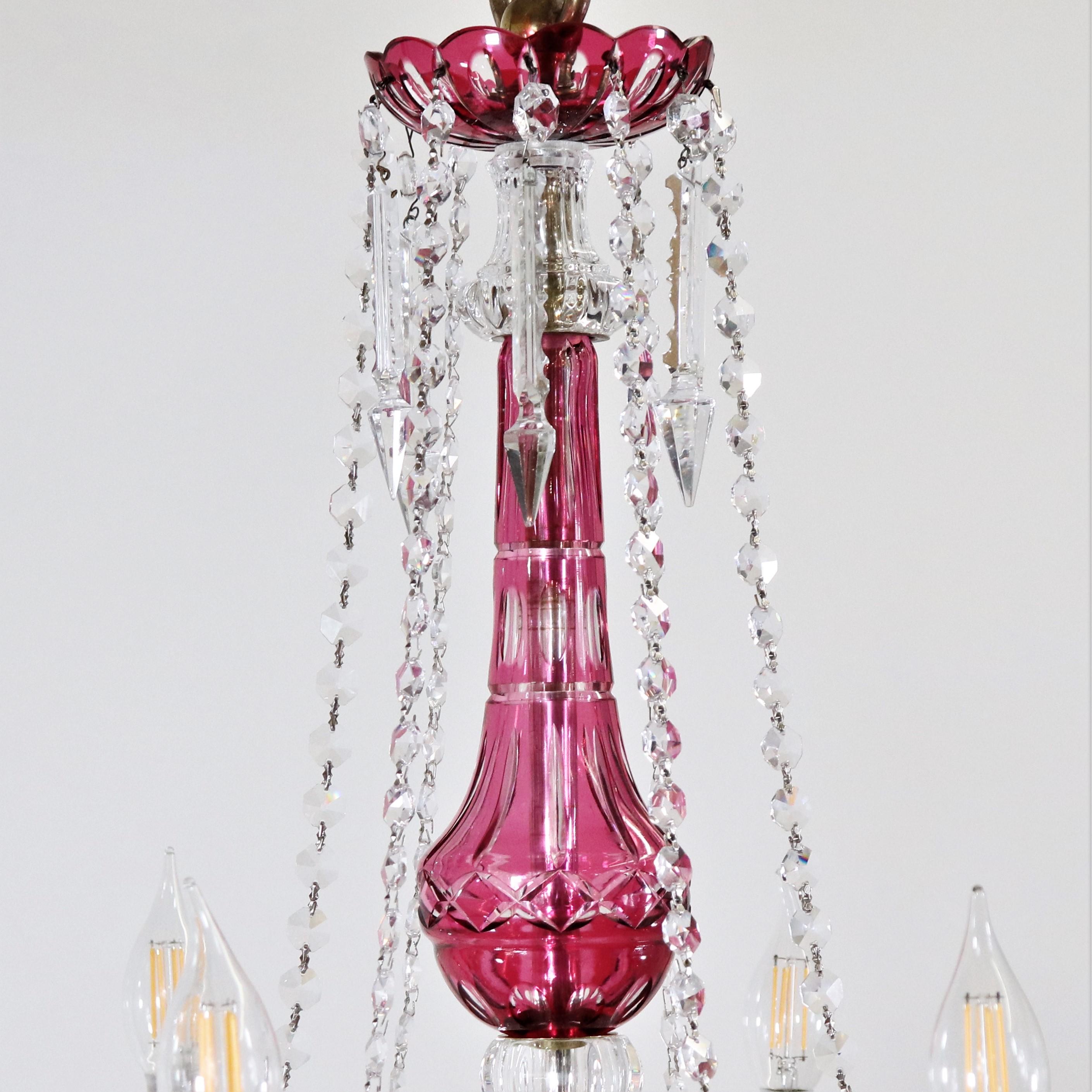 Vintage Bohemian Etched Cranberry  Crystal Chandelier 3