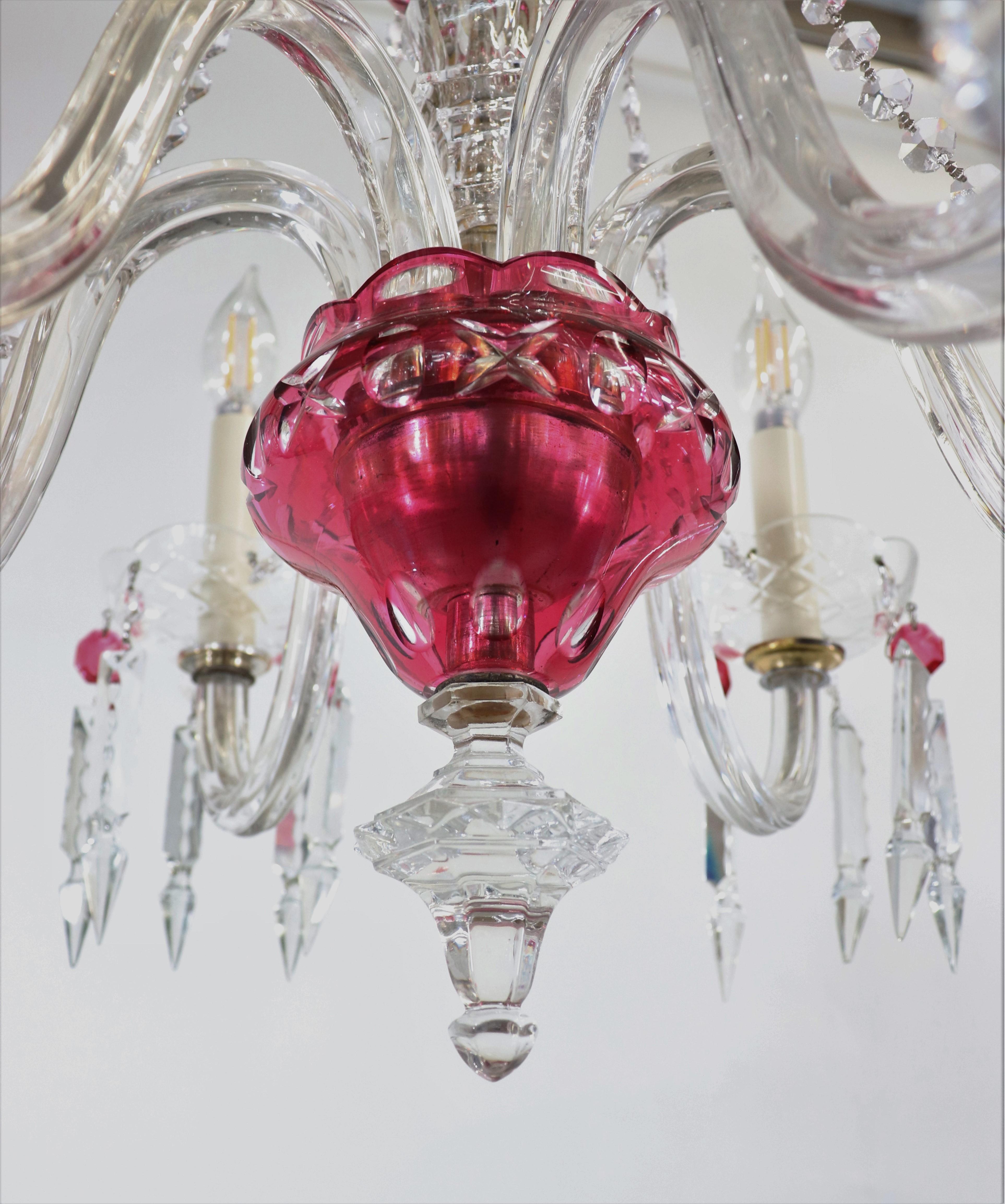 Vintage Bohemian Etched Cranberry  Crystal Chandelier 4
