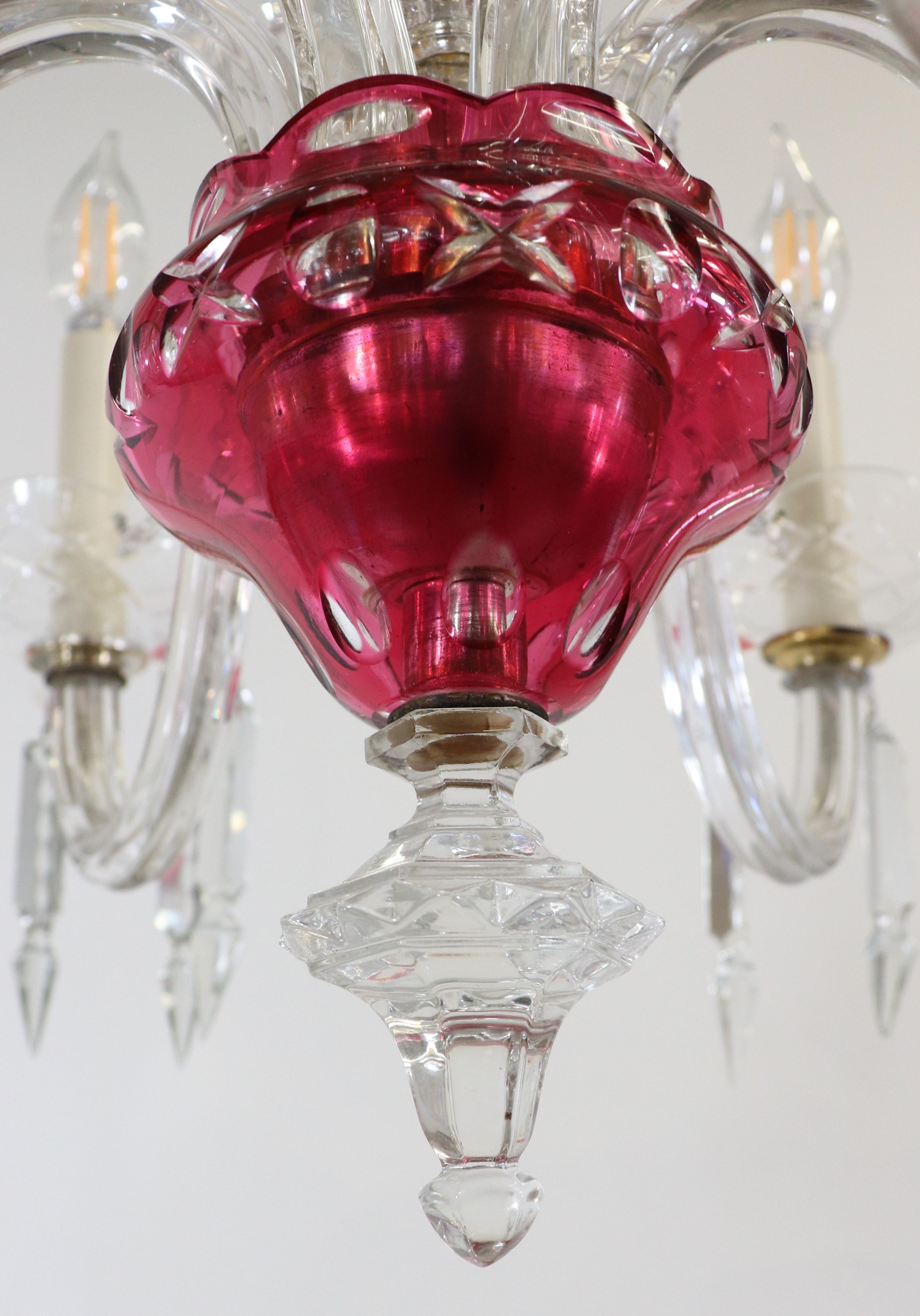 Vintage Bohemian Etched Cranberry  Crystal Chandelier 7