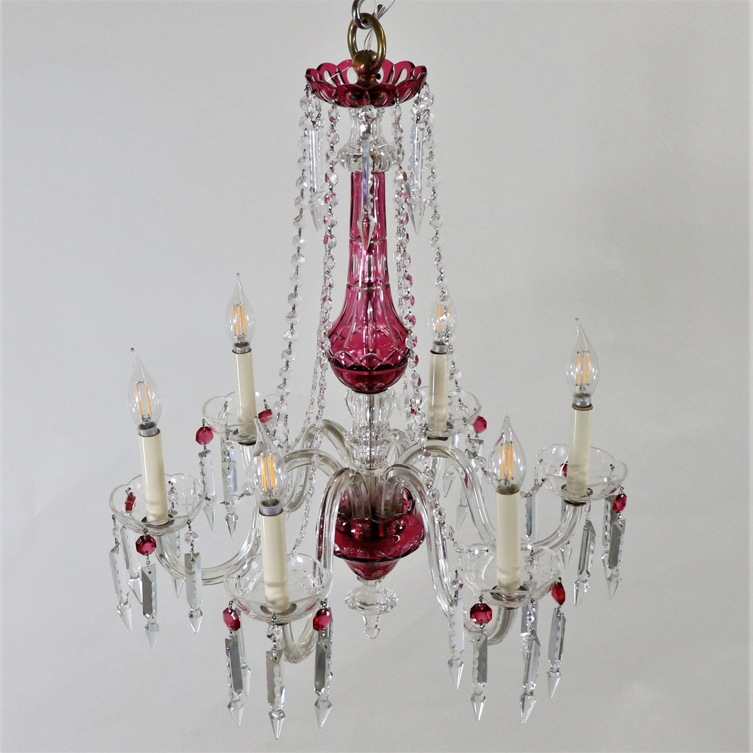 Czech Vintage Bohemian Etched Cranberry  Crystal Chandelier