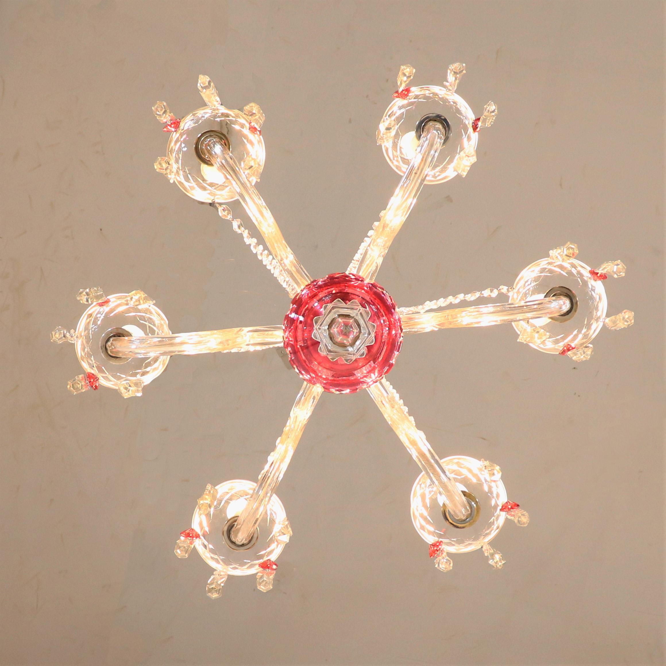 Vintage Bohemian Etched Cranberry  Crystal Chandelier In Good Condition In Chicago, IL