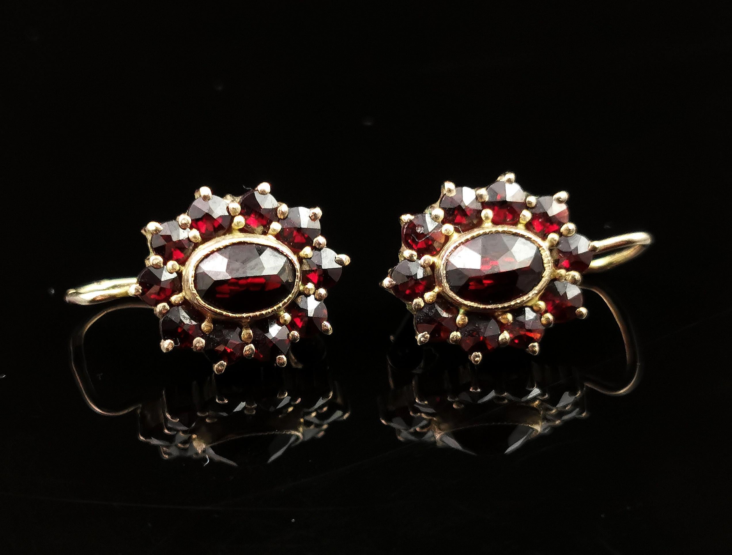 A gorgeous pair of vintage bohemian garnet cluster earrings

The rich red garnets compliment the golden metal beautifully and the faceted cut gives them just the right amount of sparkle.

There is a larger oval cut garnet bezel set to the centre
