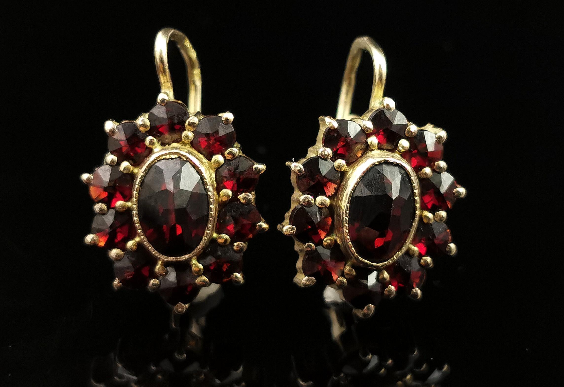 Vintage Bohemian garnet cluster earrings, 900 silver gilt  In Good Condition In NEWARK, GB