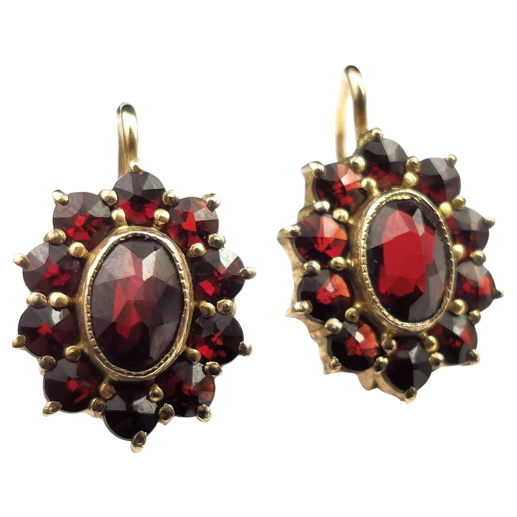 Vintage Bohemian garnet cluster earrings, 900 silver gilt 