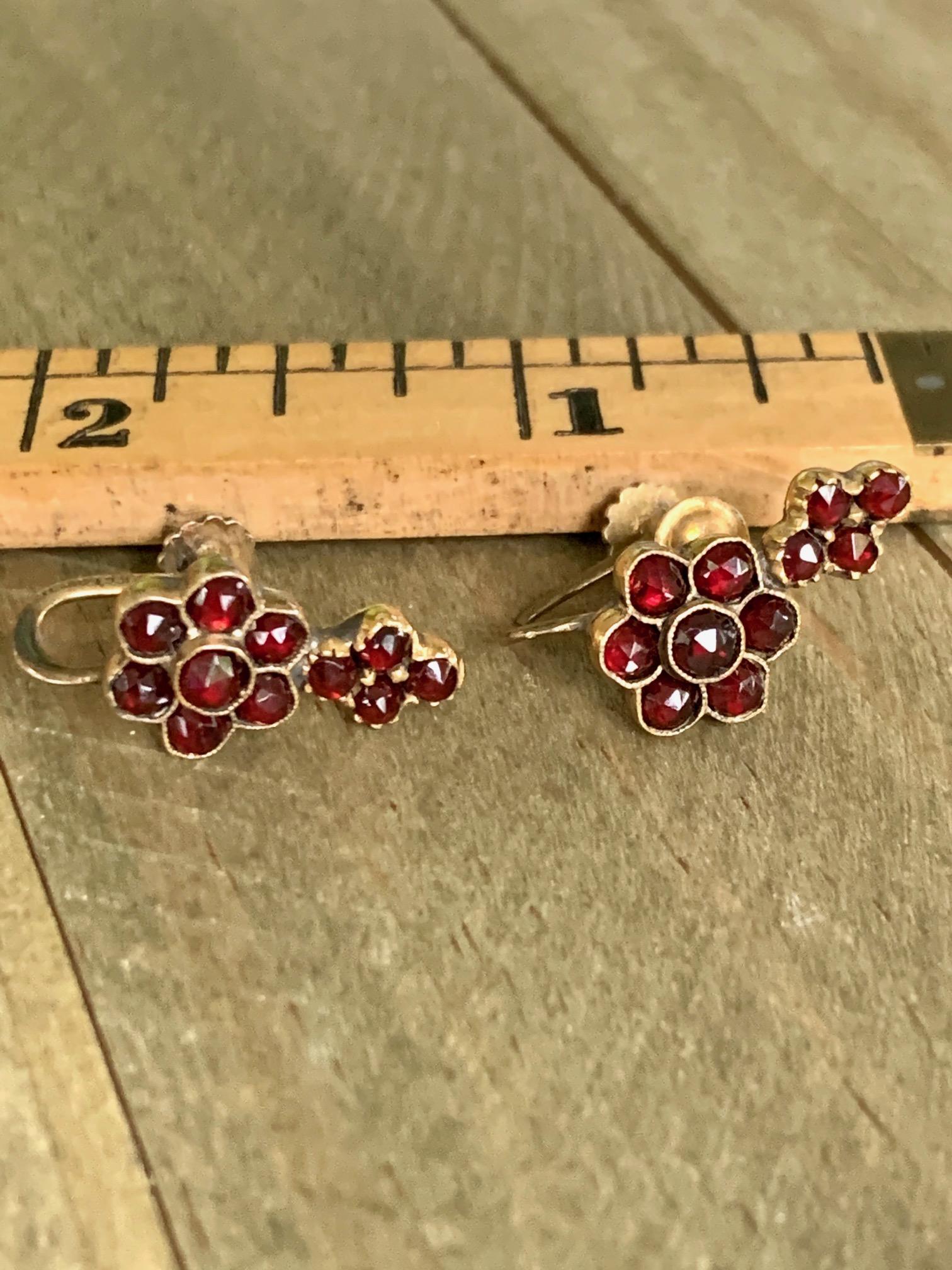 Round Cut Vintage Bohemian Garnet Cluster Gold Filled Screw Back Earrings
