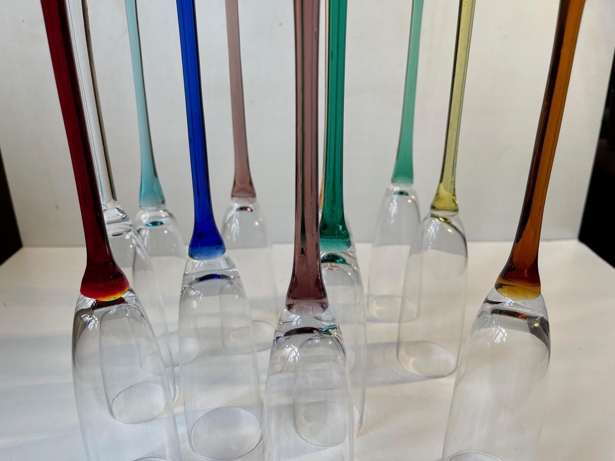 Czech Vintage Bohemian Handblown Champagne Glasses in Colors Without Base For Sale