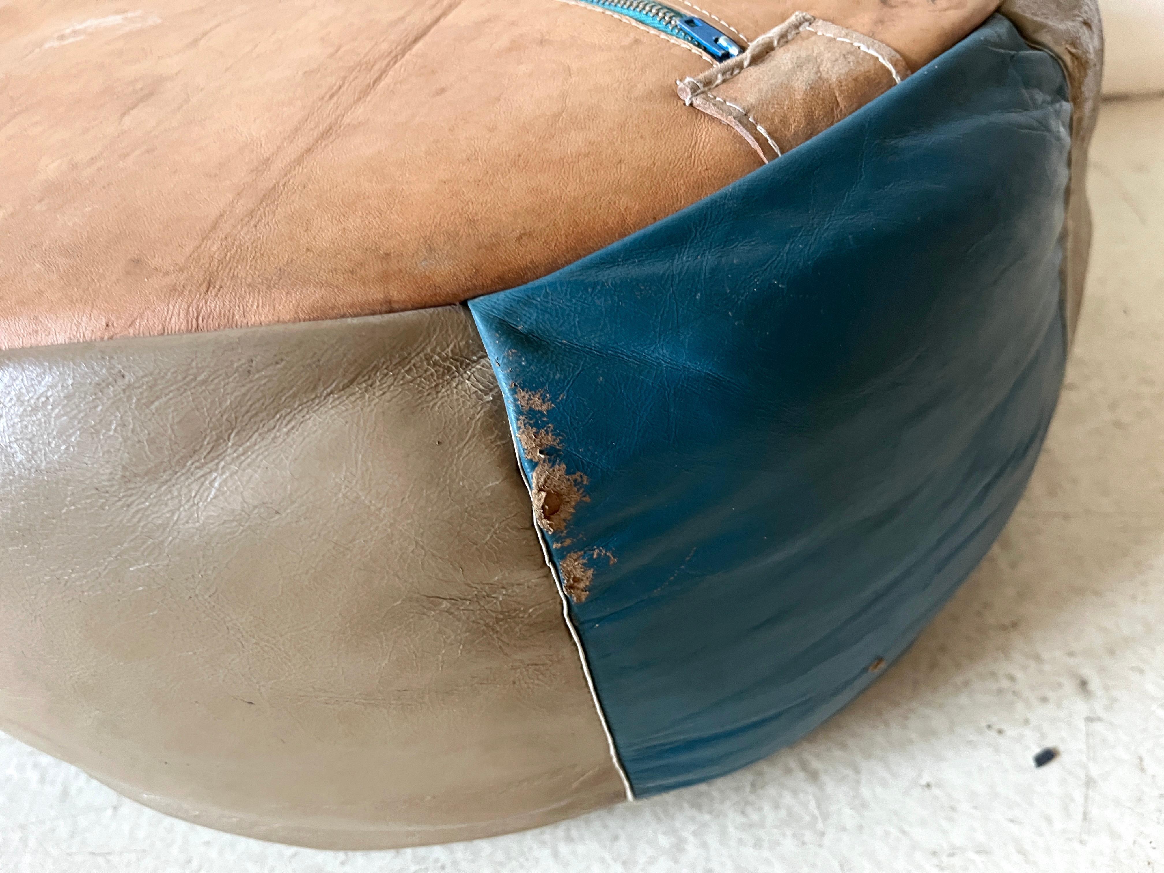 Vintage Bohemian Moroccan Round Leather Pouf, Blue and Tan Ottoman, Foot Rest For Sale 7