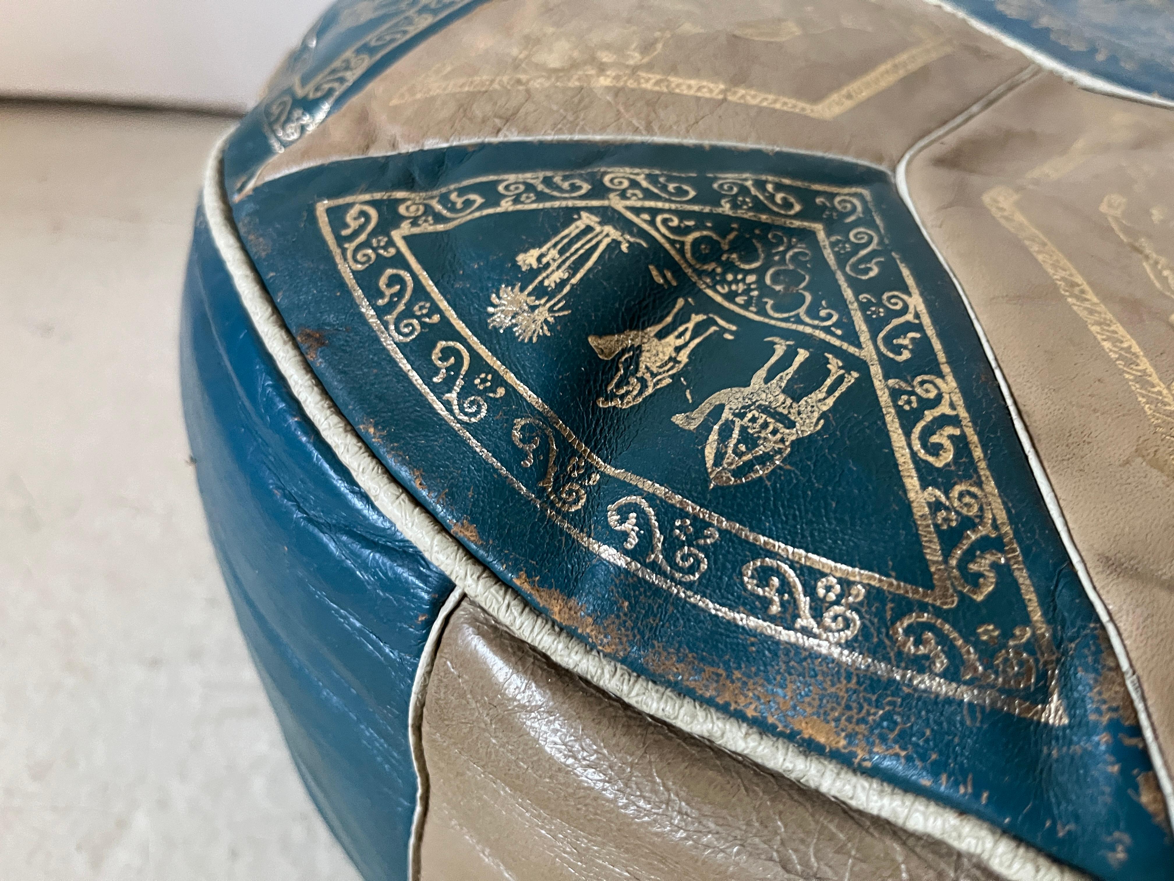 Vintage Bohemian Moroccan Round Leather Pouf, Blue and Tan Ottoman, Foot Rest For Sale 1