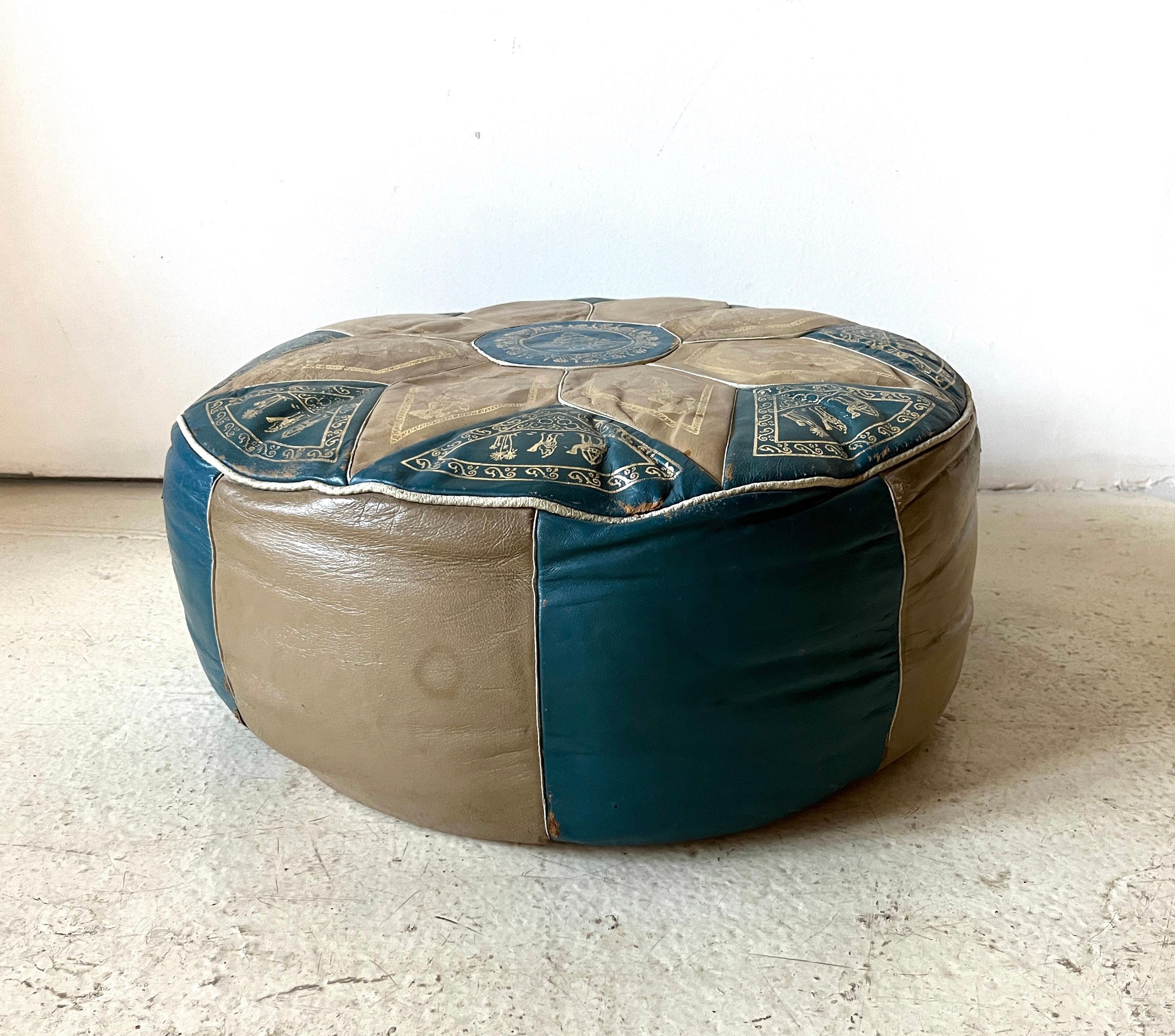 Vintage Bohemian Moroccan Round Leather Pouf, Blue and Tan Ottoman, Foot Rest In Fair Condition For Sale In Chicago, IL