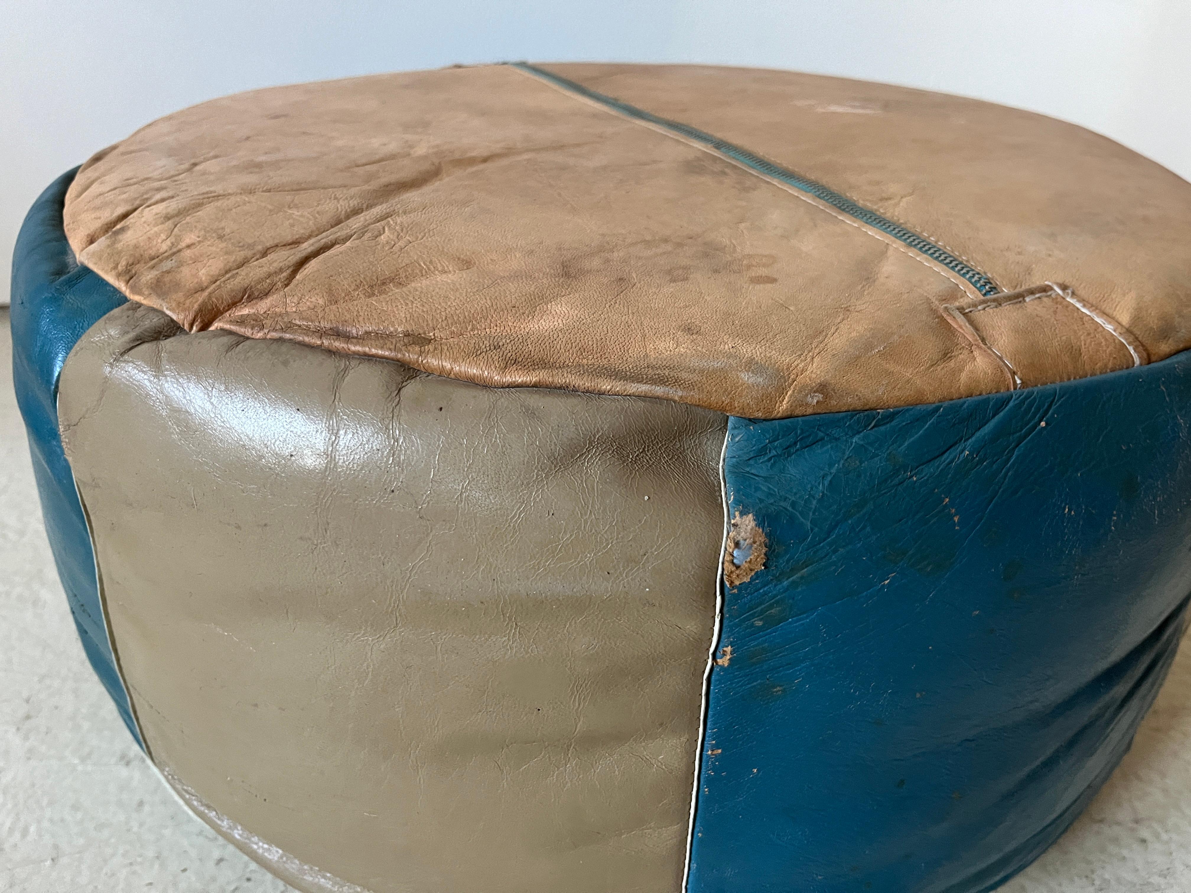 Vintage Bohemian Moroccan Round Leather Pouf, Blue and Tan Ottoman, Foot Rest For Sale 5