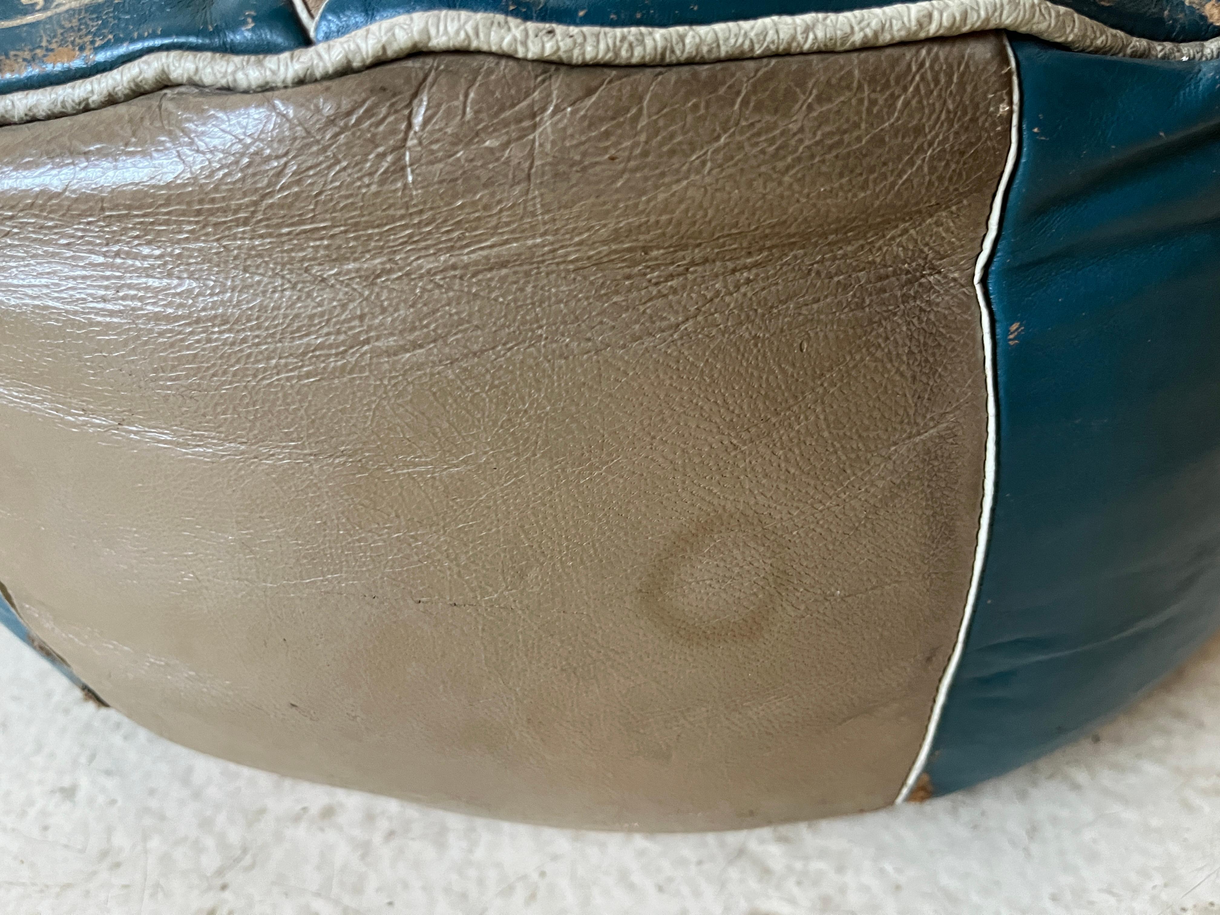 Vintage Bohemian Moroccan Round Leather Pouf, Blue and Tan Ottoman, Foot Rest For Sale 3