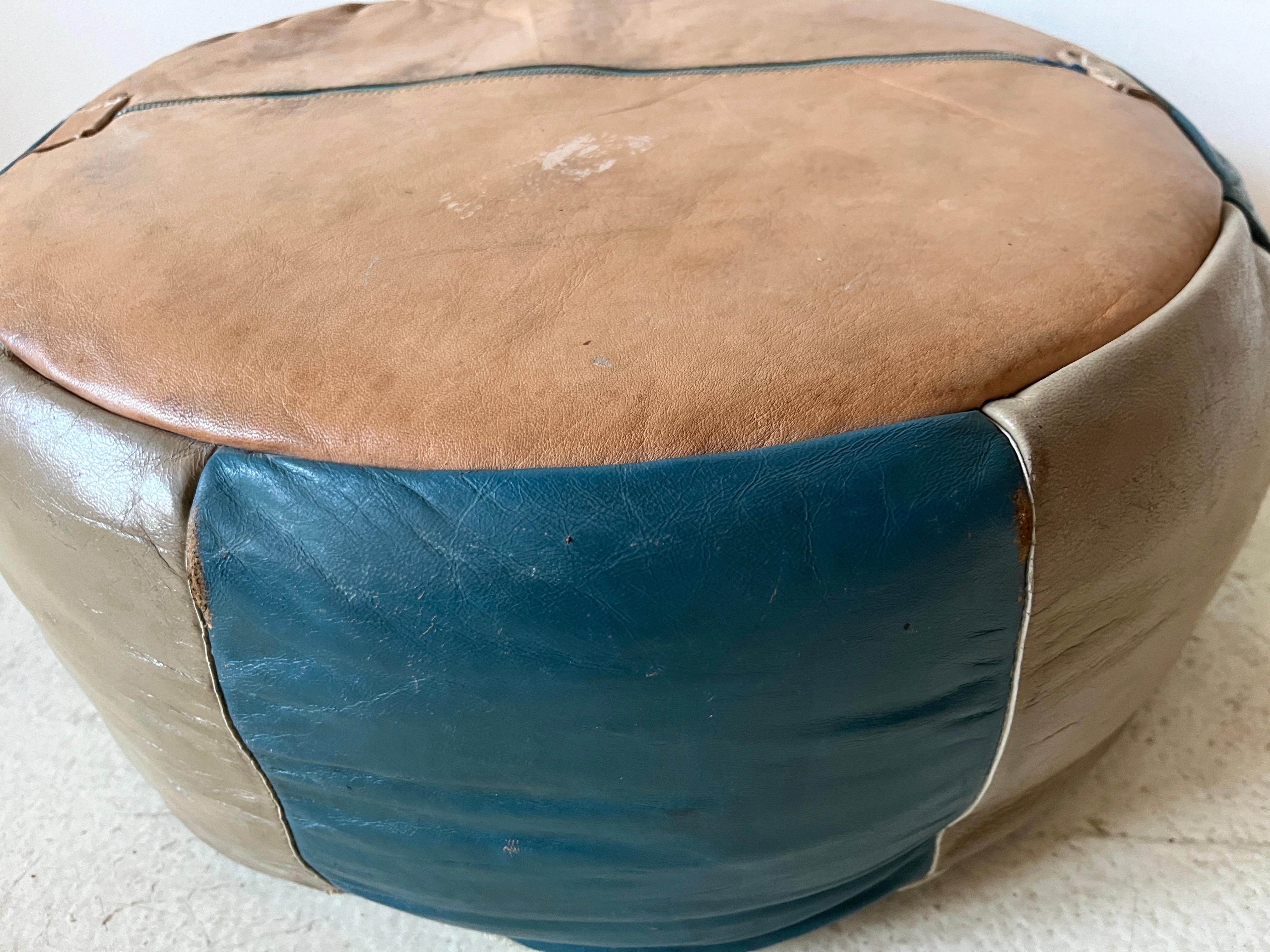 Vintage Bohemian Moroccan Round Leather Pouf, Blue and Tan Ottoman, Foot Rest For Sale 6