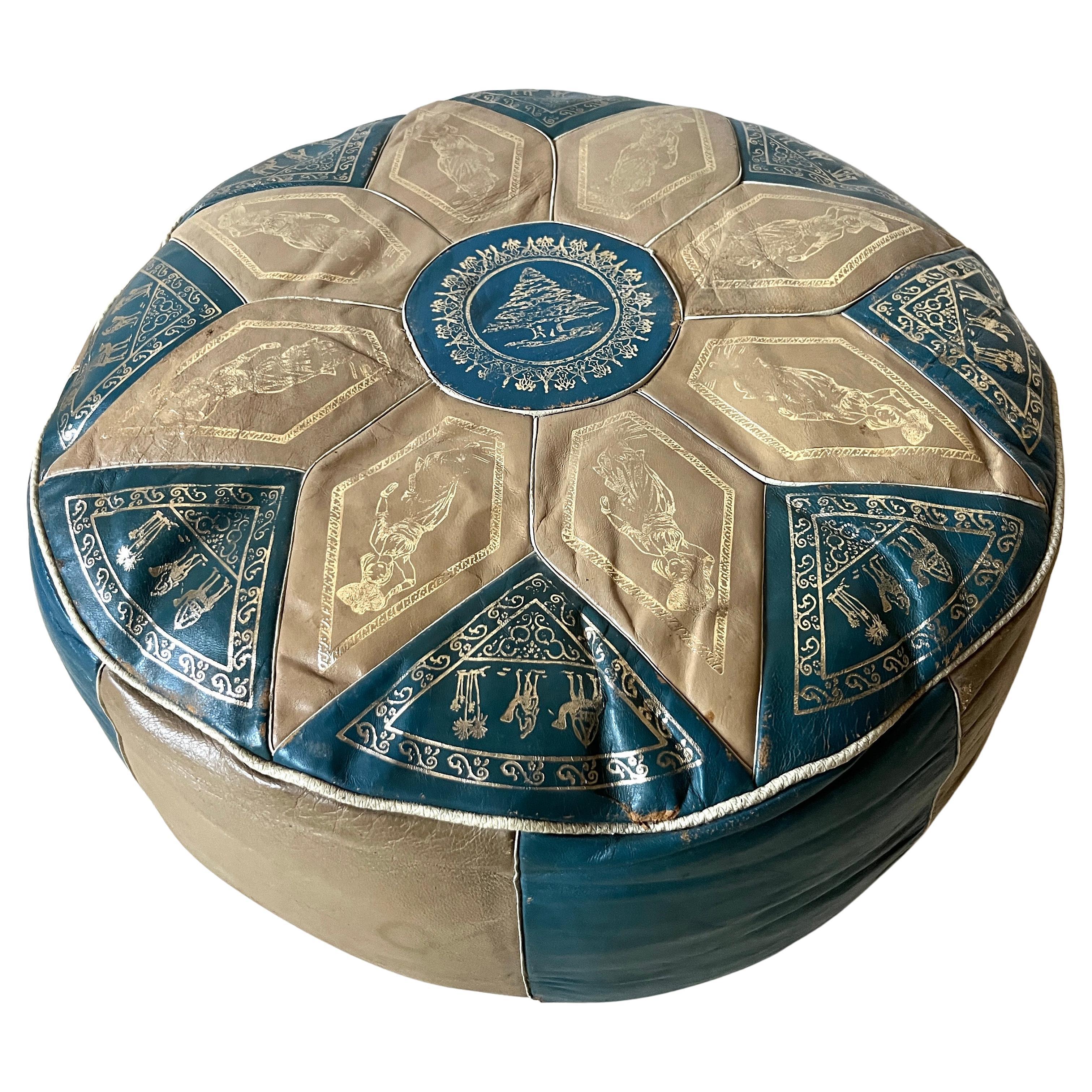 Vintage Bohemian Moroccan Round Leather Pouf, Blue and Tan Ottoman, Foot Rest For Sale