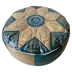 Vintage Bohemian Moroccan Round Leather Pouf, Blue and Tan Ottoman, Foot Rest