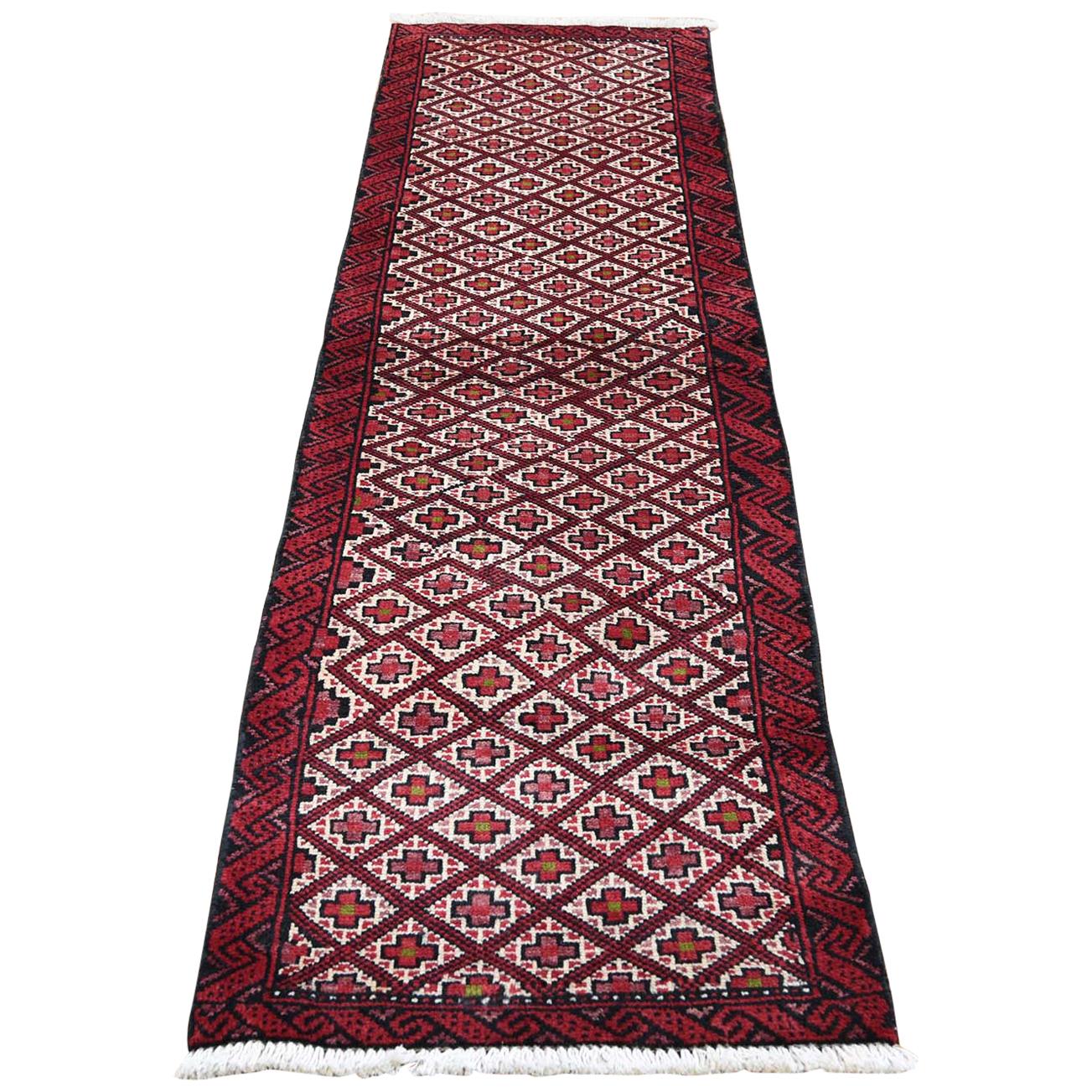 Vintage Bohemian Ivory Persian Hamadan Narrow Runner Hand Knotted Oriental Rug