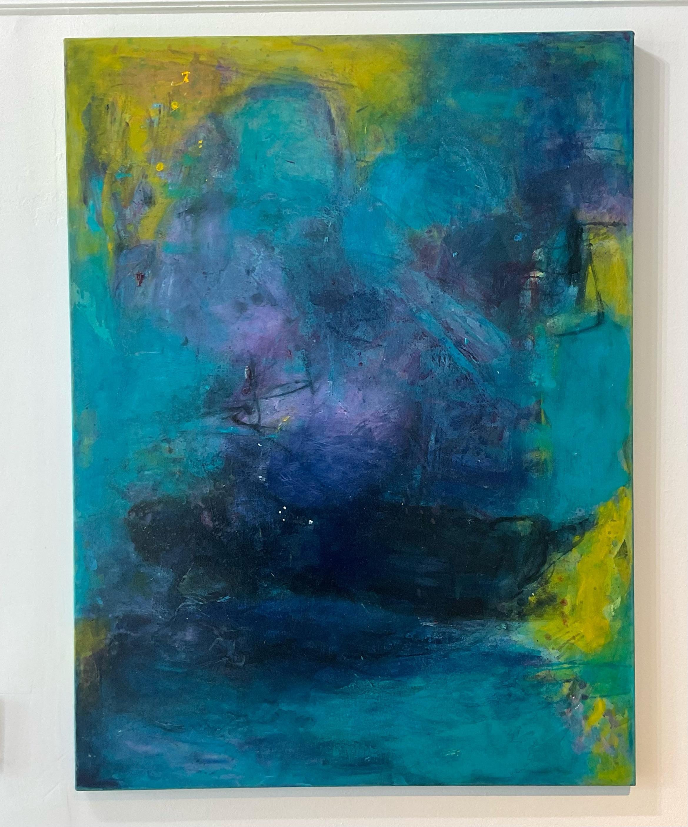 An exhilarating vintage boho oil painting. The image is completely captivating with deep blues and a splash of vibrant yellow all swirled and placed in a way that makes you feel could be lost in thought for hours. Signed by the artist on the back.