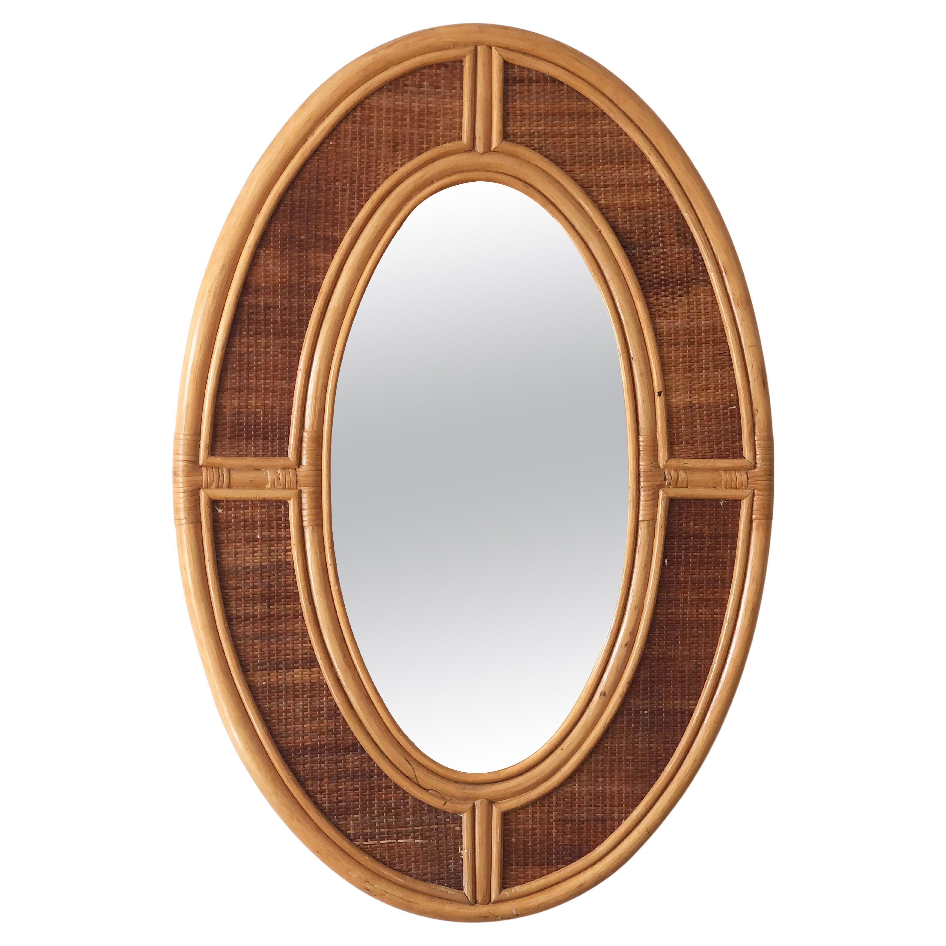 Vintage Bohemian Oval Rattan Wall Mirror with Cane Webbing 1970s