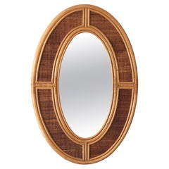 Vintage Bohemian Oval Rattan Wall Mirror with Cane Webbing 1970s