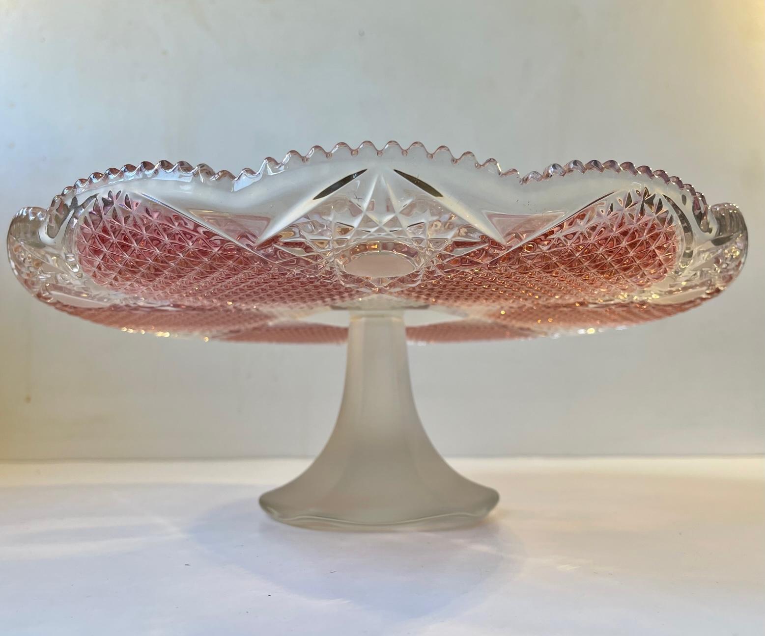 Czech Vintage Bohemian Pink Pedestal Cake Stand in Crystal, 1970s For Sale