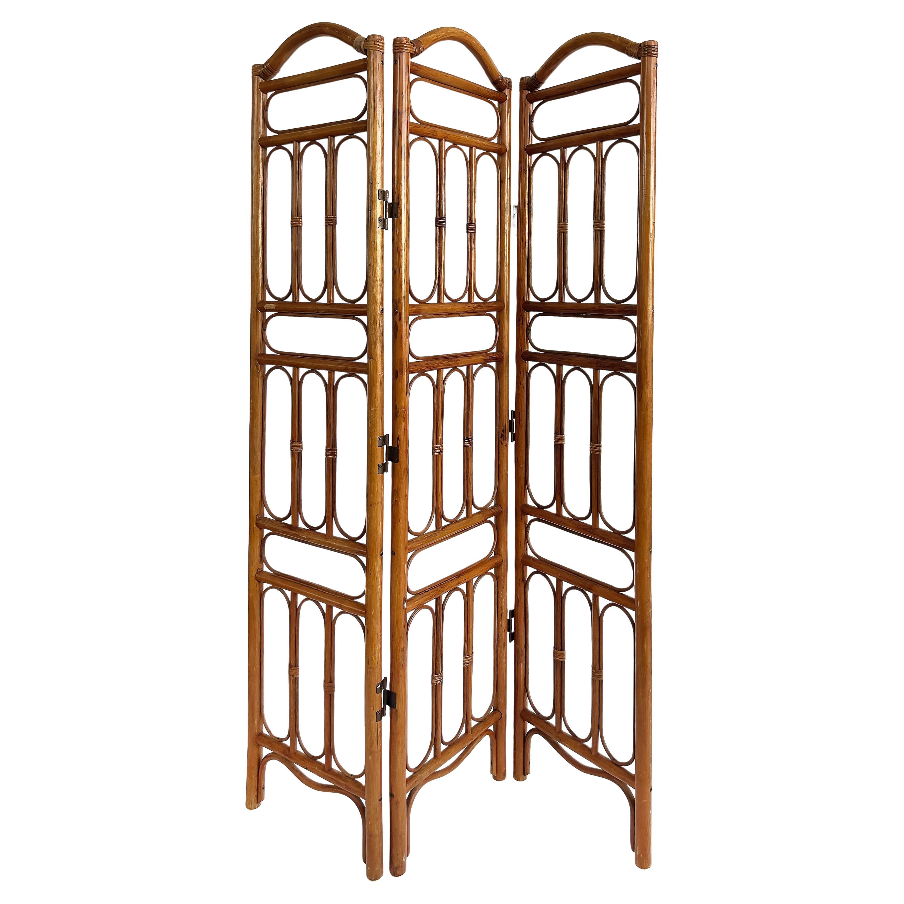 Divisorio vintage in rattan a 3 pannelli con paravento pieghevole