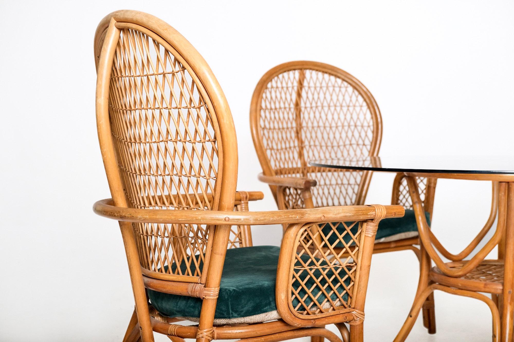 Vintage Bohemian Rattan Dining Set with Glass-Top Table and Four High-Back Armch For Sale 2