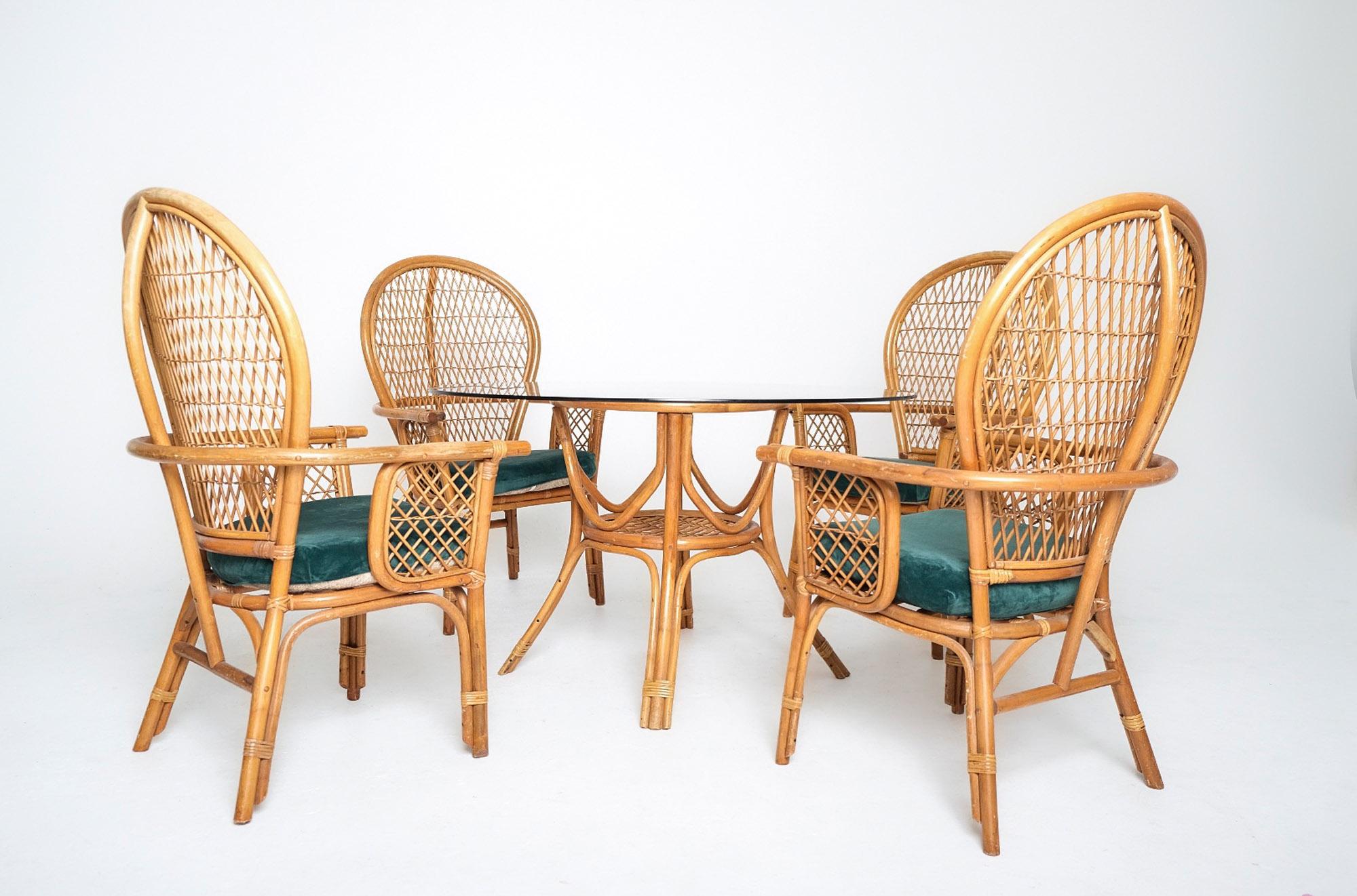 Organic Modern Vintage Bohemian Rattan Dining Set with Glass-Top Table and Four High-Back Armch For Sale