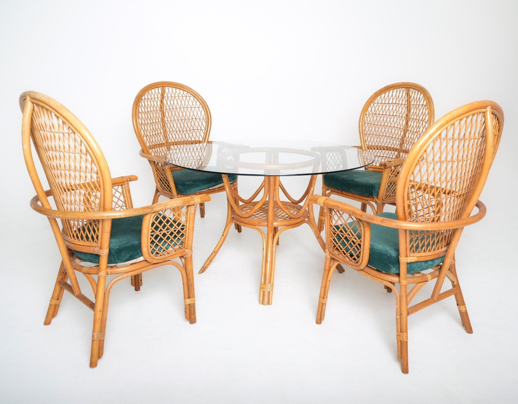American Vintage Bohemian Rattan Dining Set with Glass-Top Table and Four High-Back Armch For Sale