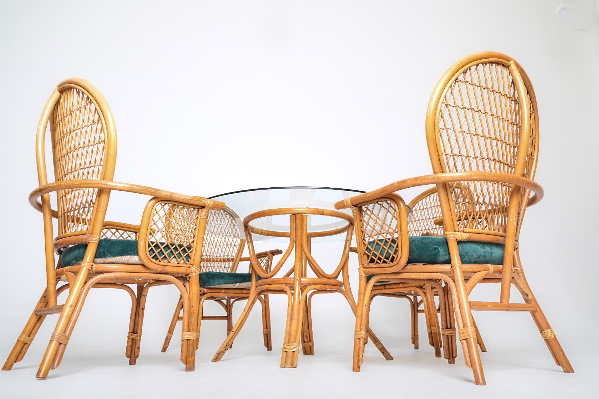 Hand-Woven Vintage Bohemian Rattan Dining Set with Glass-Top Table and Four High-Back Armch For Sale