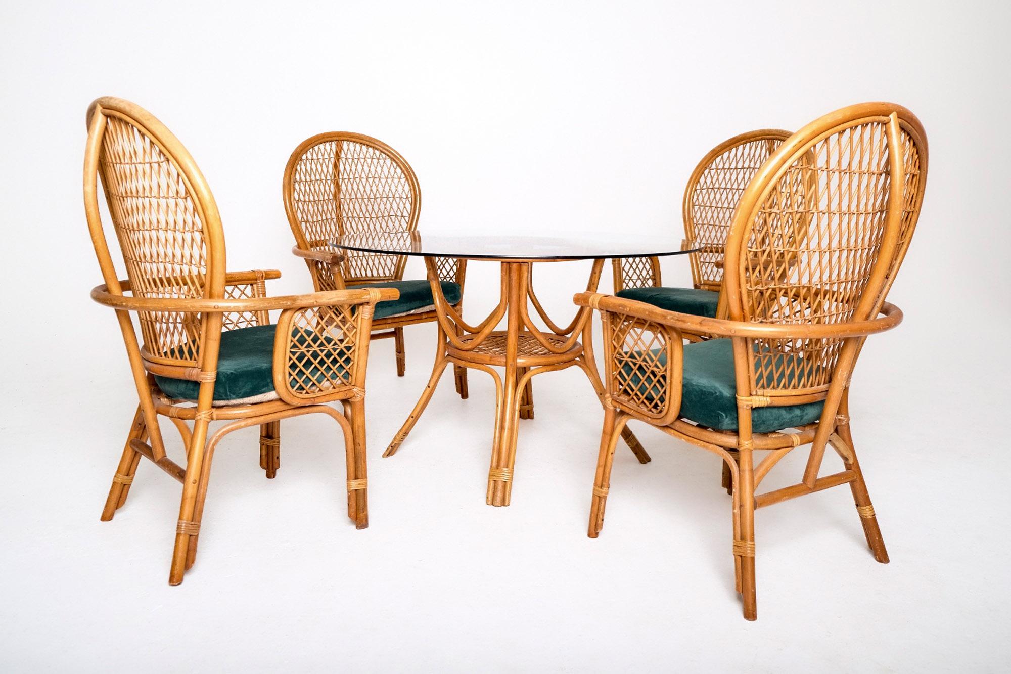 Vintage Bohemian Rattan Dining Set with Glass-Top Table and Four High-Back Armch In Good Condition For Sale In Los Angeles, CA