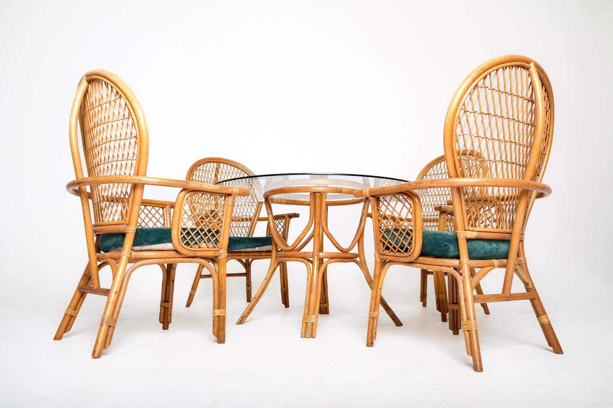Late 20th Century Vintage Bohemian Rattan Dining Set with Glass-Top Table and Four High-Back Armch For Sale