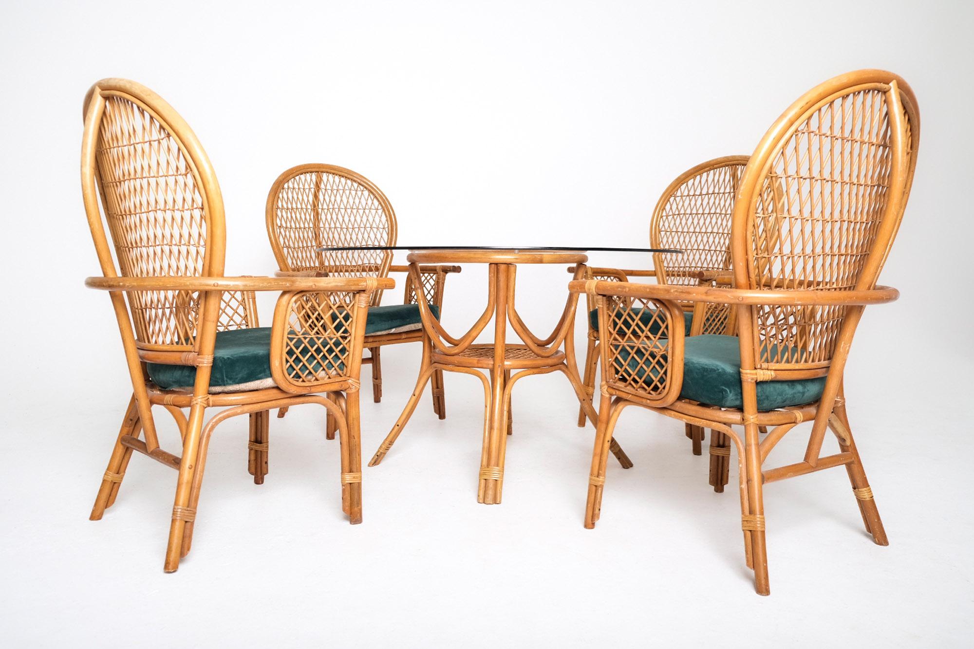 Velvet Vintage Bohemian Rattan Dining Set with Glass-Top Table and Four High-Back Armch For Sale