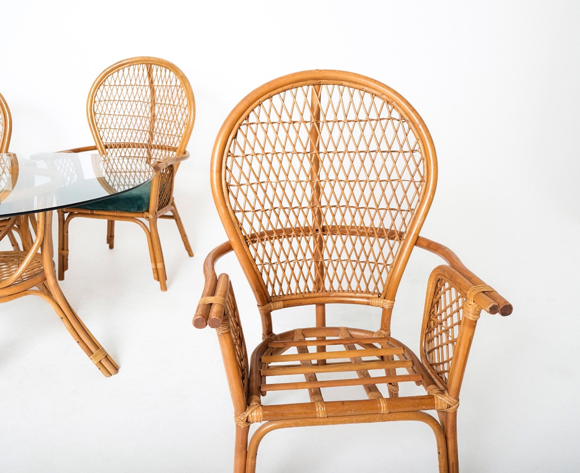 Vintage Bohemian Rattan Dining Set with Glass-Top Table and Four High-Back Armch For Sale 1