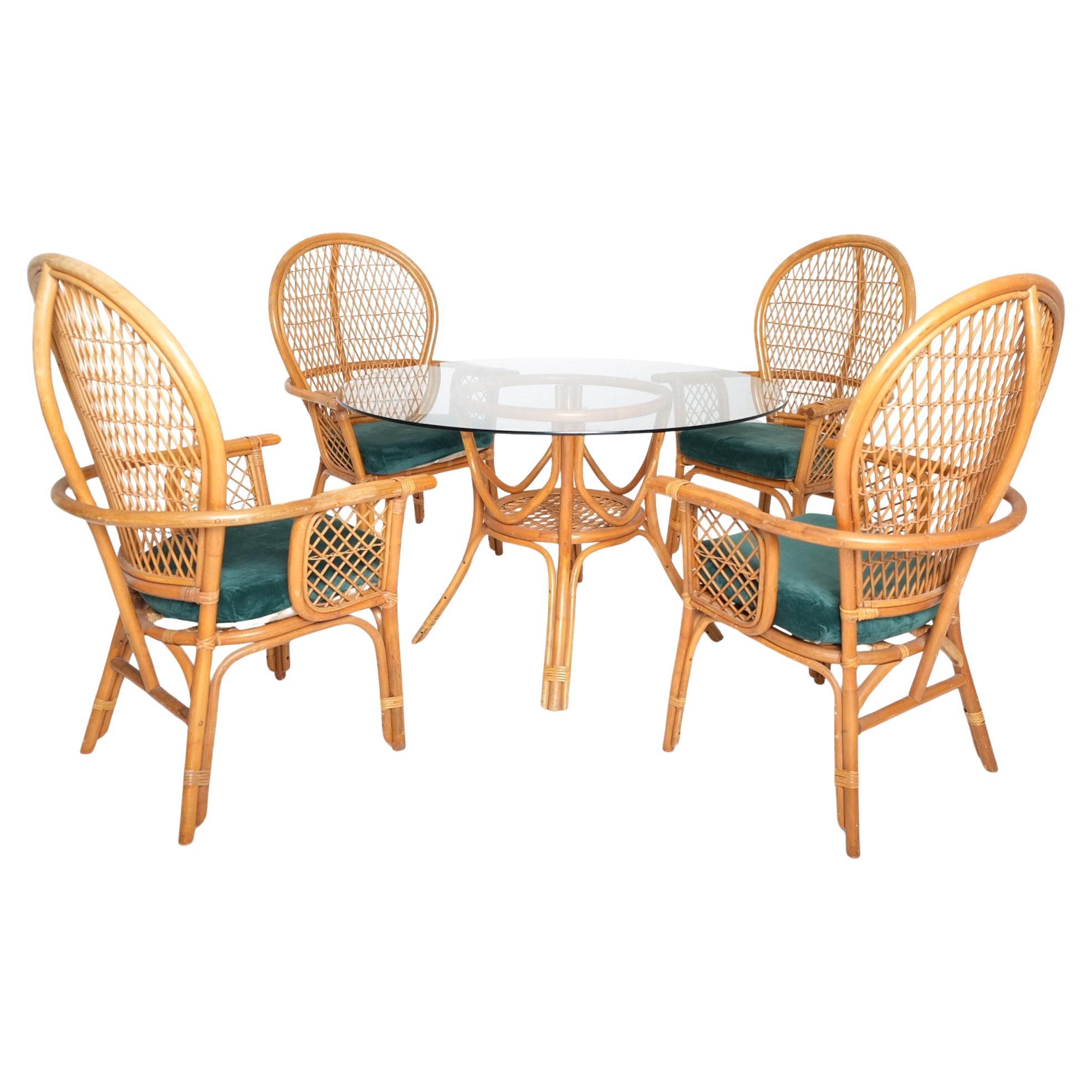 Vintage Bohemian Rattan Dining Set with Glass-Top Table and Four High-Back Armch For Sale