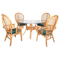 Vintage Bohemian Rattan Dining Set with Glass-Top Table and Four High-Back Armch