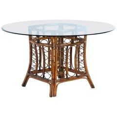 Vintage Bohemian Rattan Dining Table with Round Glass