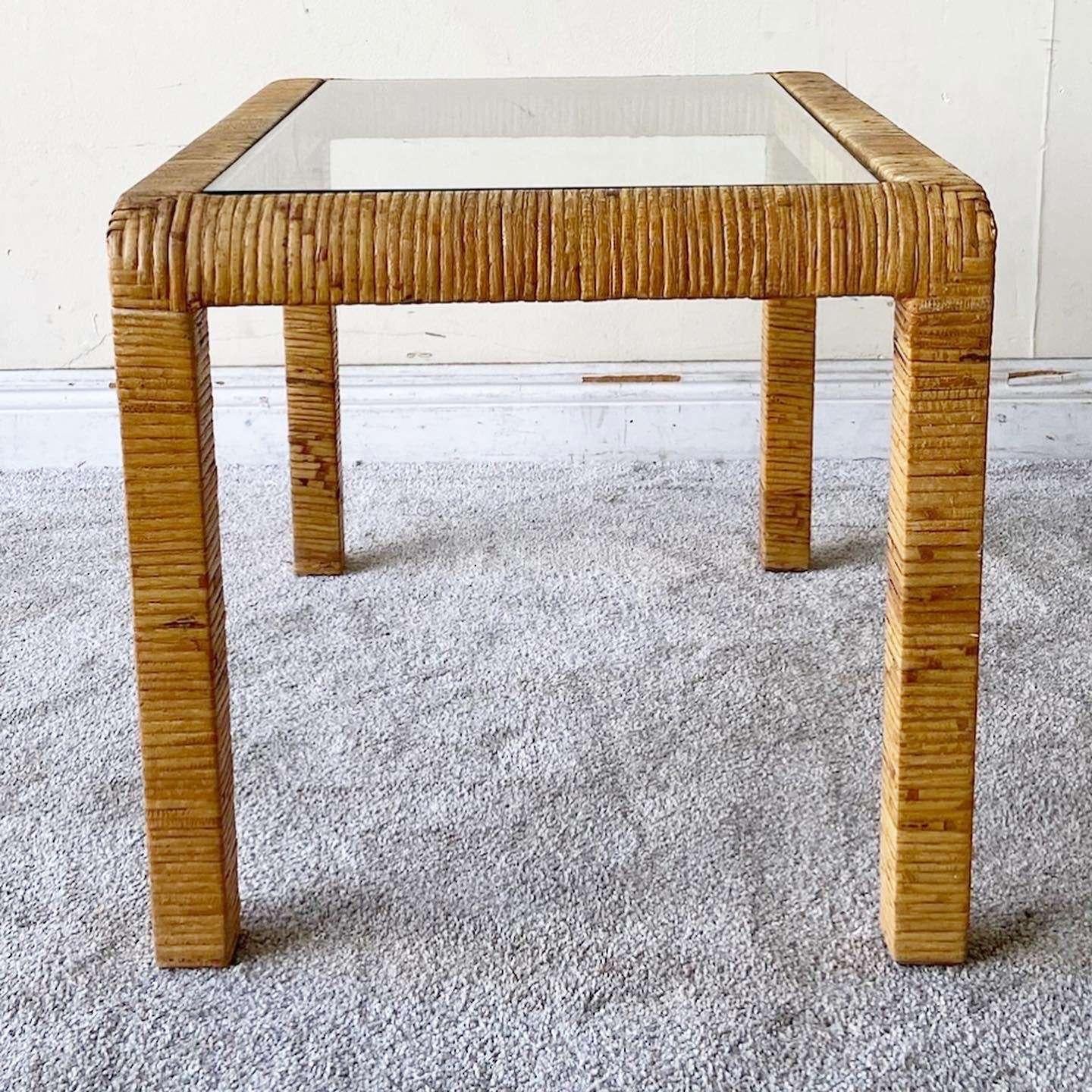 Late 20th Century Vintage Bohemian Rattan Side Table For Sale