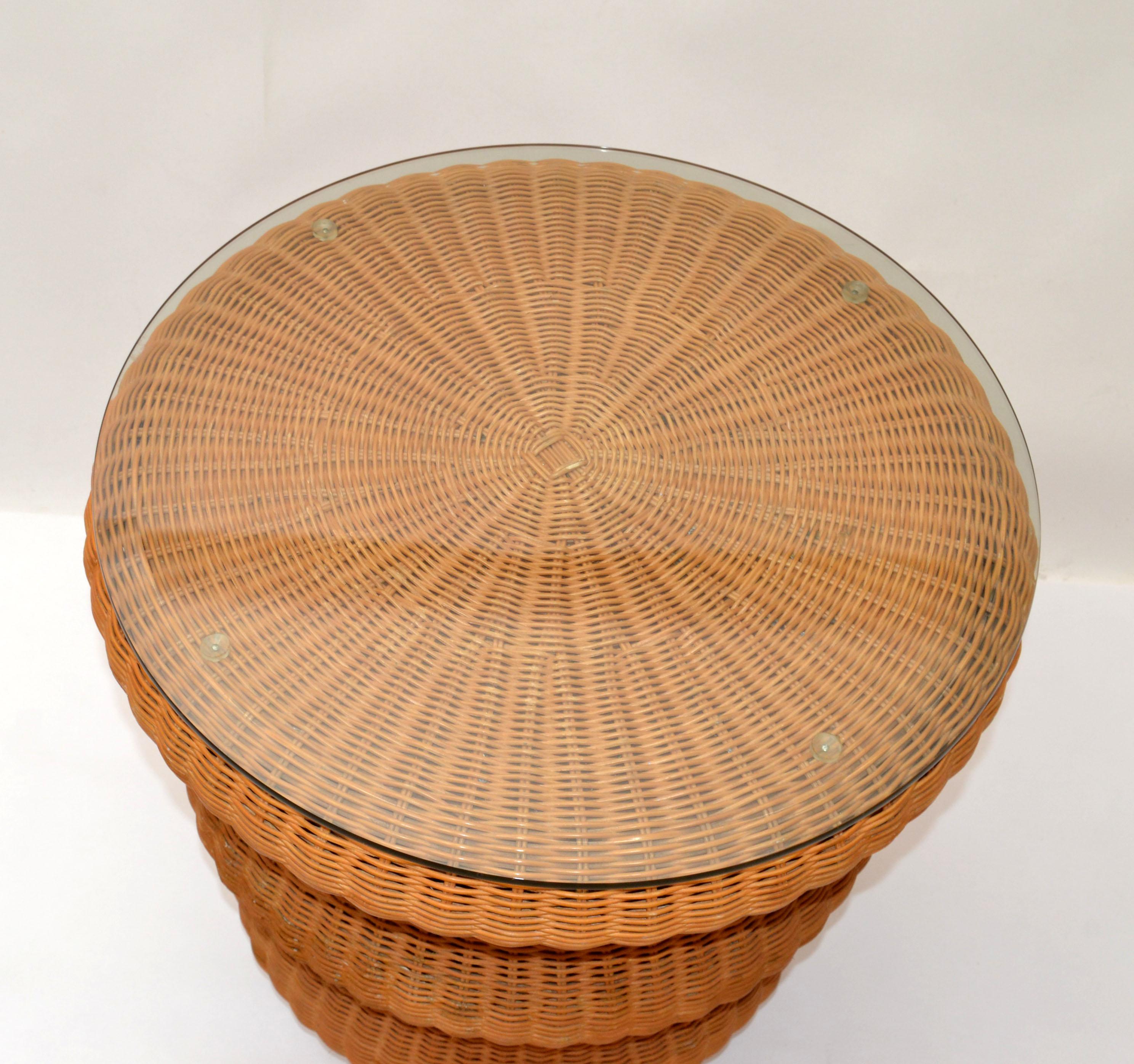 Vintage Bohemian Round Handwoven Rattan & Glass Mushroom Shaped Cocktail Table  For Sale 6