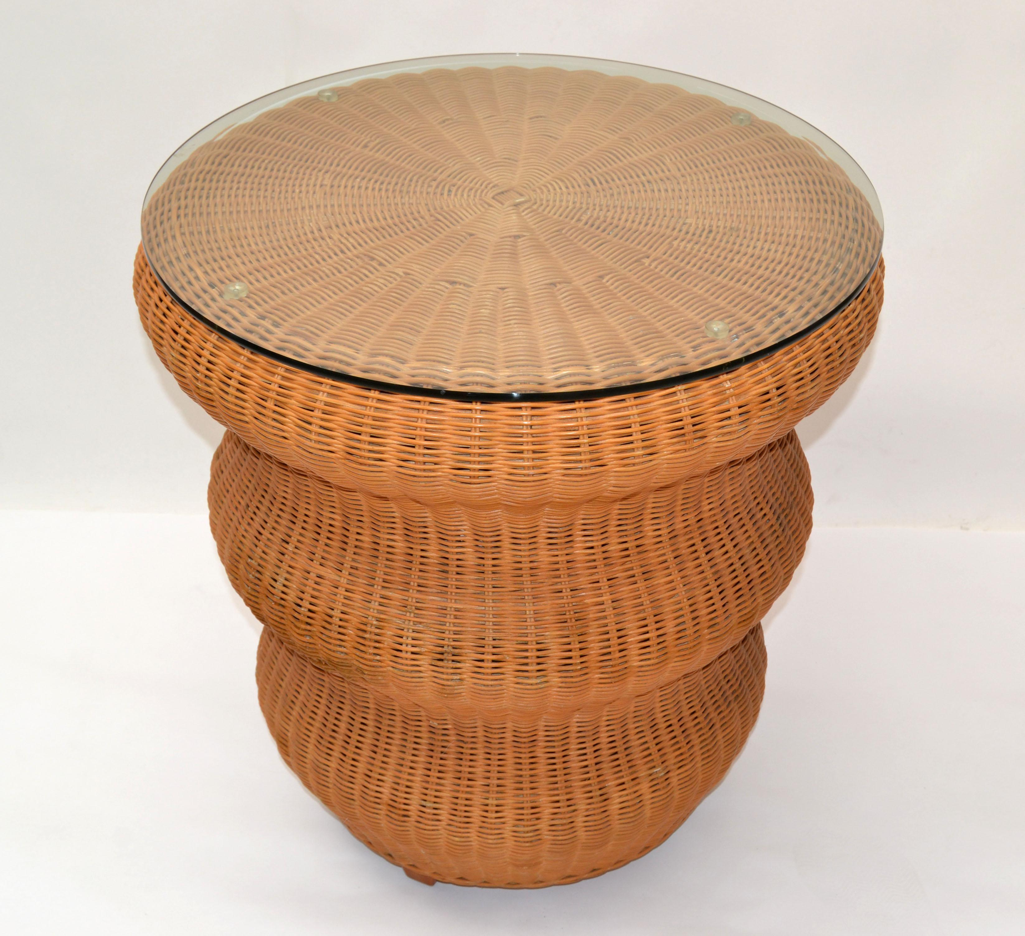 Vintage Bohemian Round Handwoven Rattan & Glass Mushroom Shaped Cocktail Table  For Sale 8