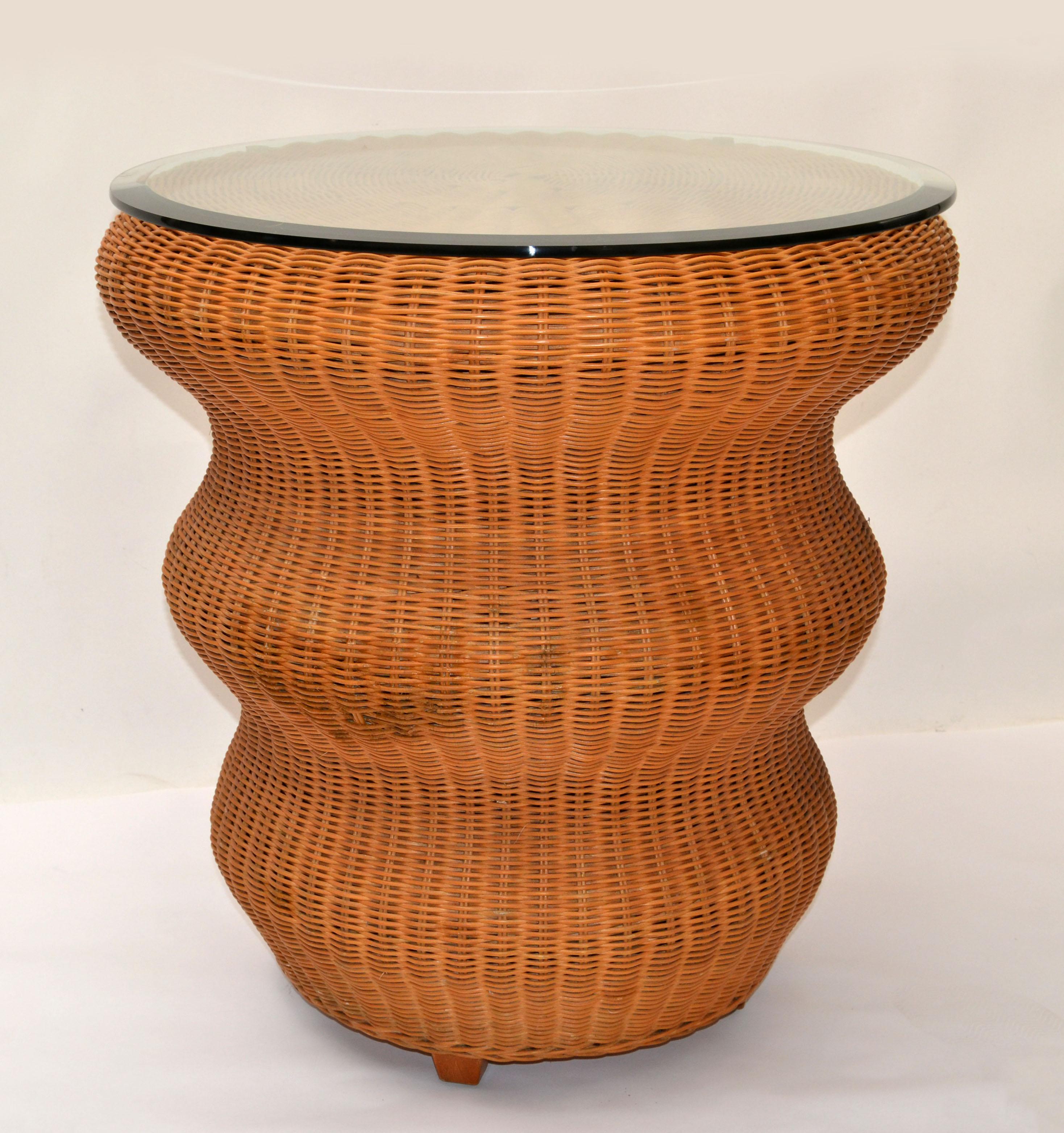 American Vintage Bohemian Round Handwoven Rattan & Glass Mushroom Shaped Cocktail Table  For Sale
