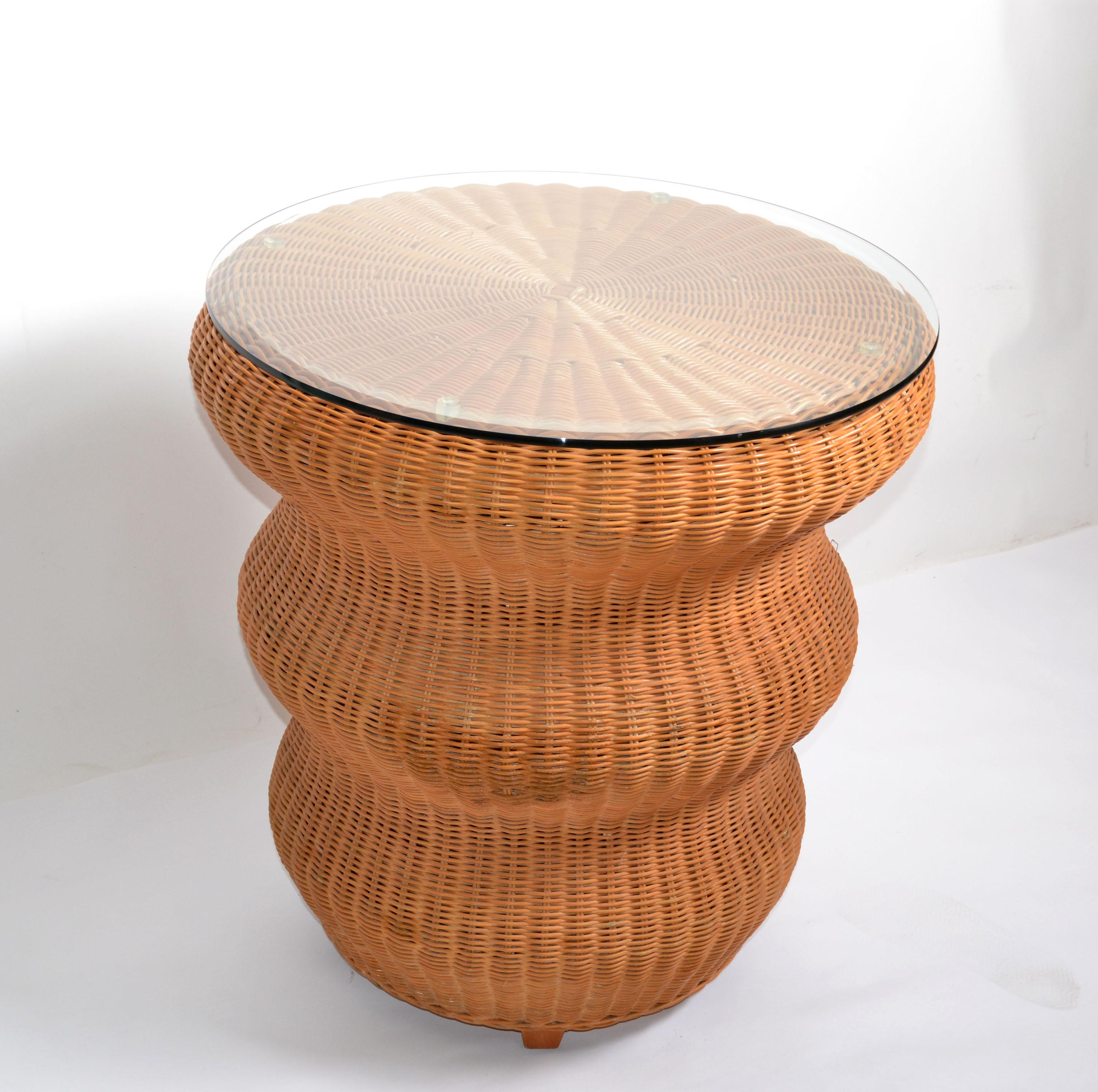 Hand-Woven Vintage Bohemian Round Handwoven Rattan & Glass Mushroom Shaped Cocktail Table  For Sale