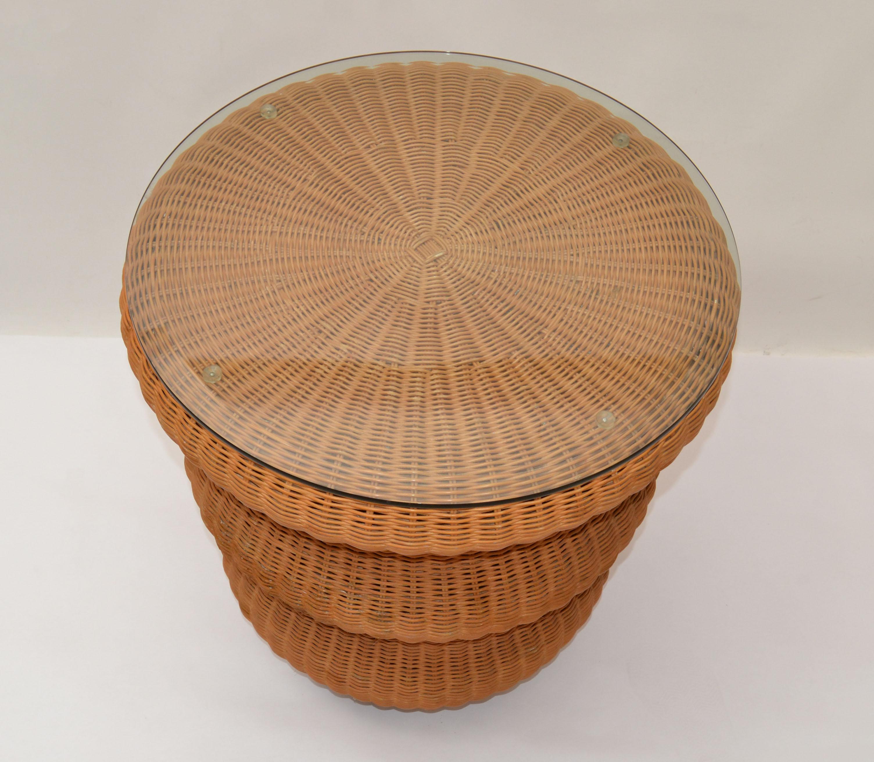20th Century Vintage Bohemian Round Handwoven Rattan & Glass Mushroom Shaped Cocktail Table  For Sale