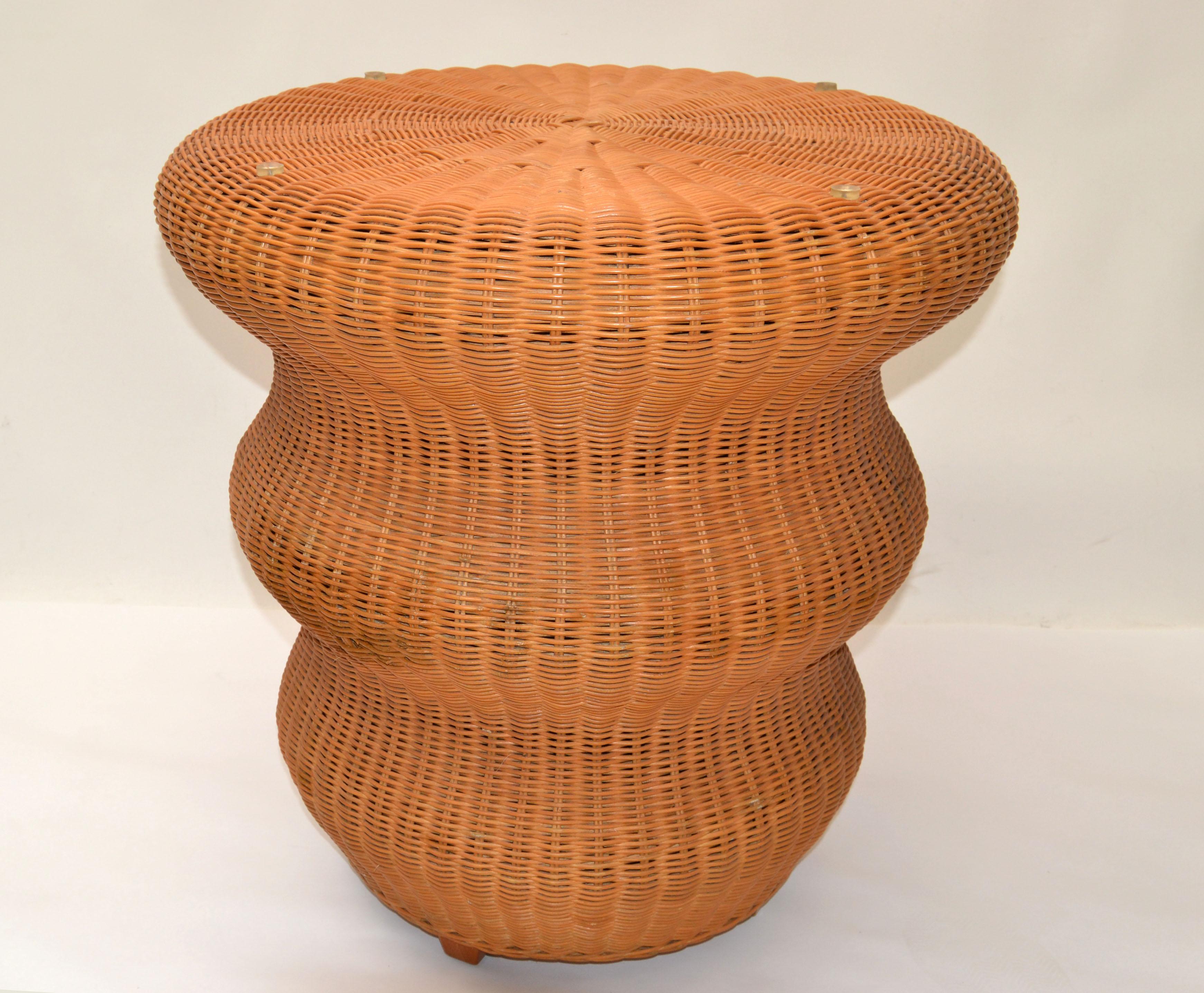Wicker Vintage Bohemian Round Handwoven Rattan & Glass Mushroom Shaped Cocktail Table  For Sale