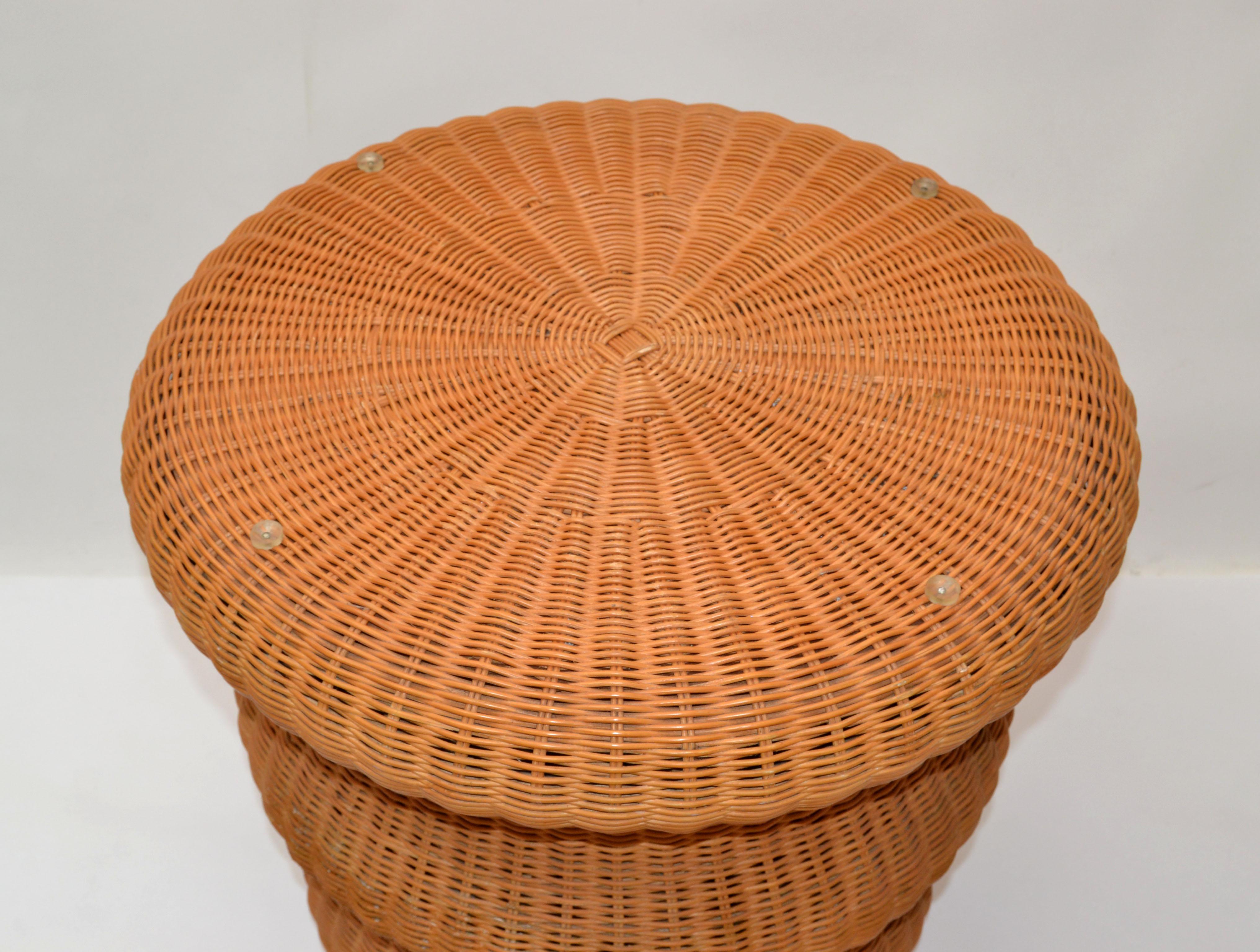 Vintage Bohemian Round Handwoven Rattan & Glass Mushroom Shaped Cocktail Table  For Sale 1