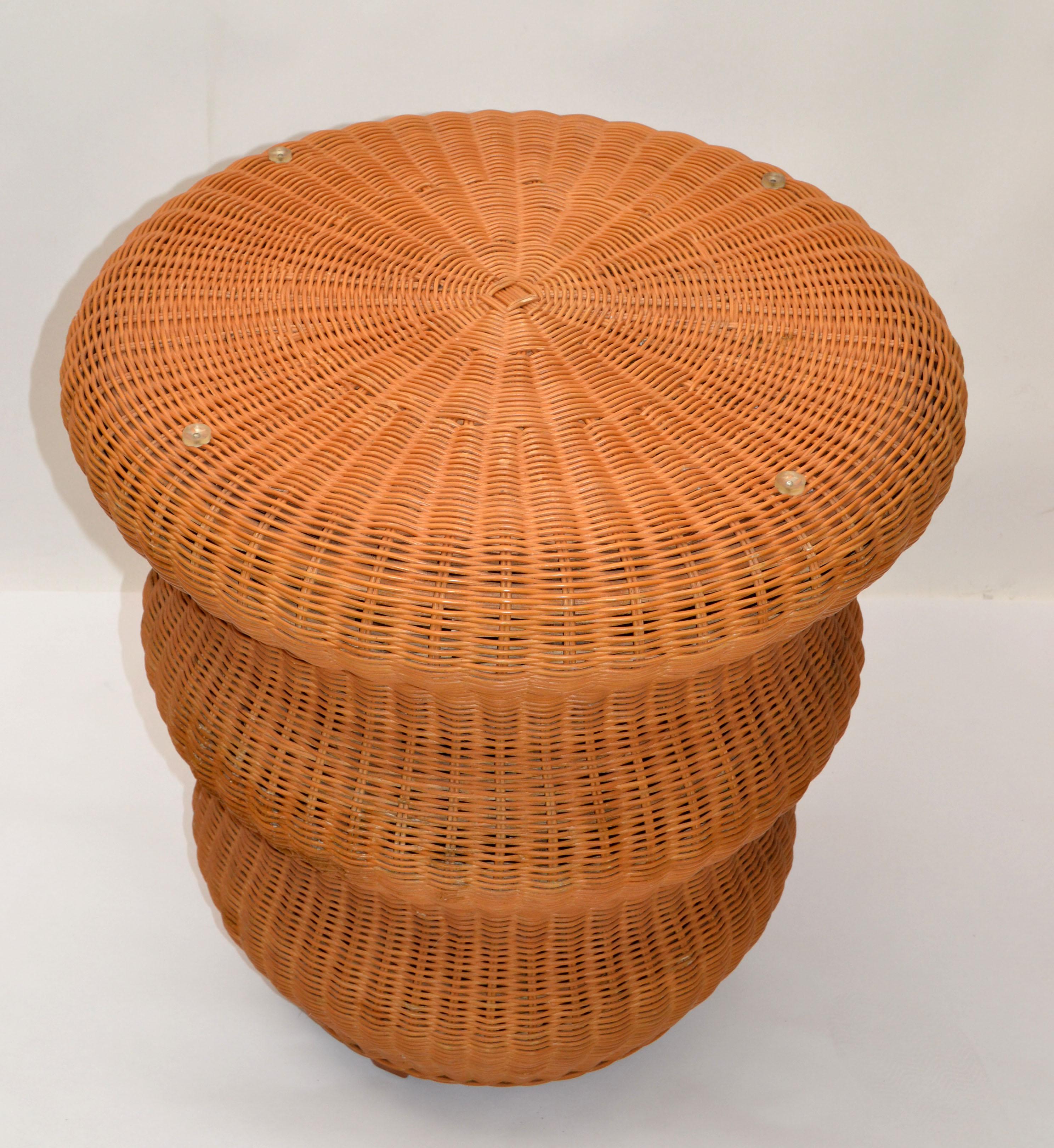 Vintage Bohemian Round Handwoven Rattan & Glass Mushroom Shaped Cocktail Table  For Sale 2