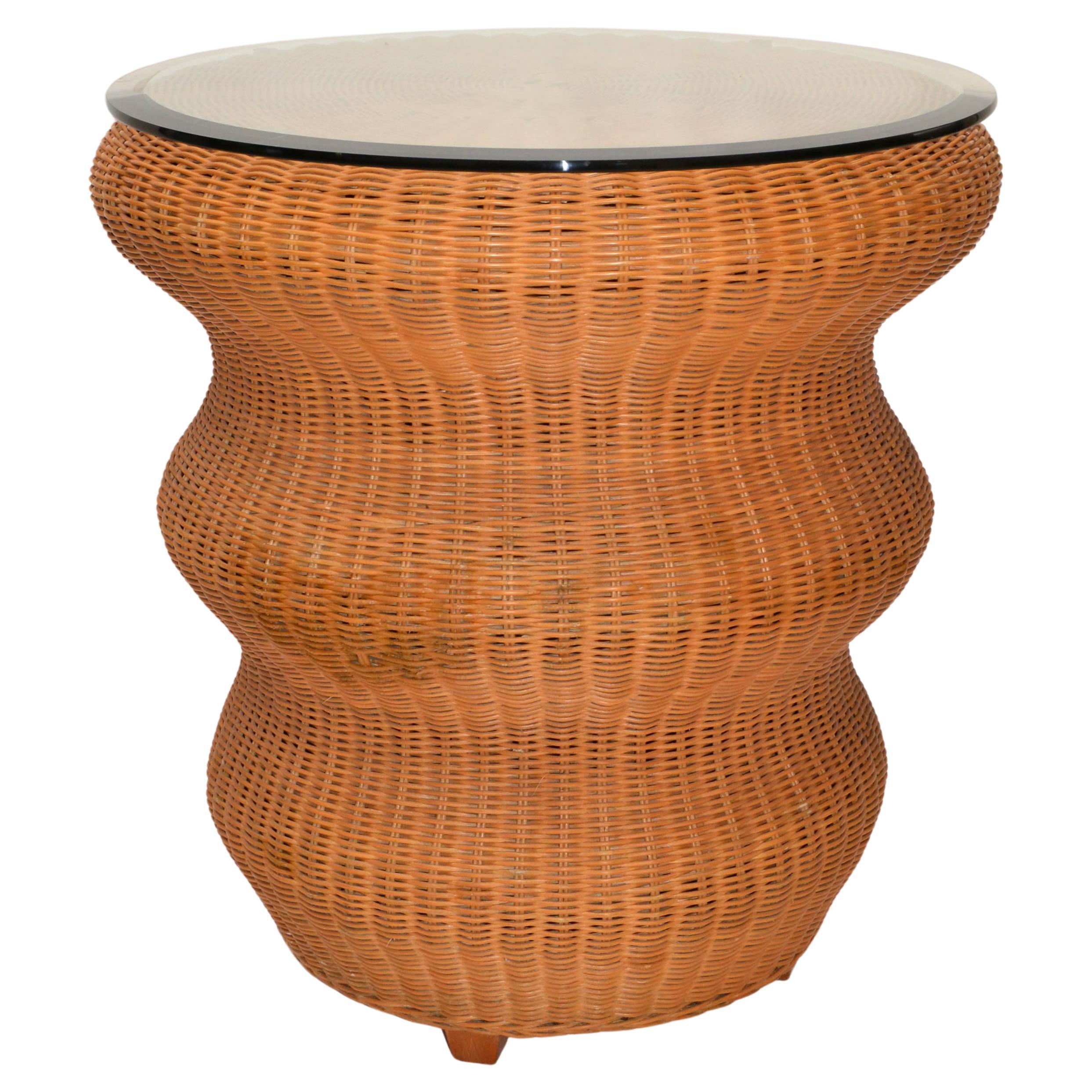 Vintage Bohemian Round Handwoven Rattan & Glass Mushroom Shaped Cocktail Table 