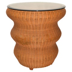 Vintage Bohemian Round Handwoven Rattan & Glass Mushroom Shaped Cocktail Table