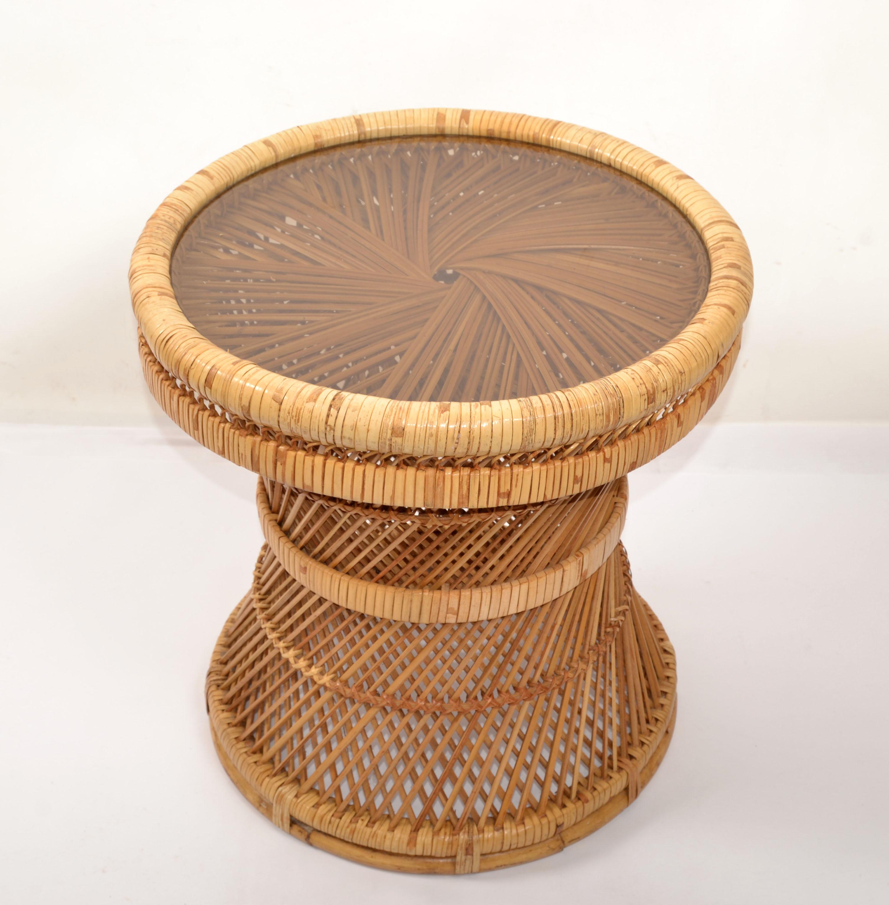 Vintage Bohemian Round Handwoven Rattan Wicker Drum, Side, Drink Table Stool For Sale 3